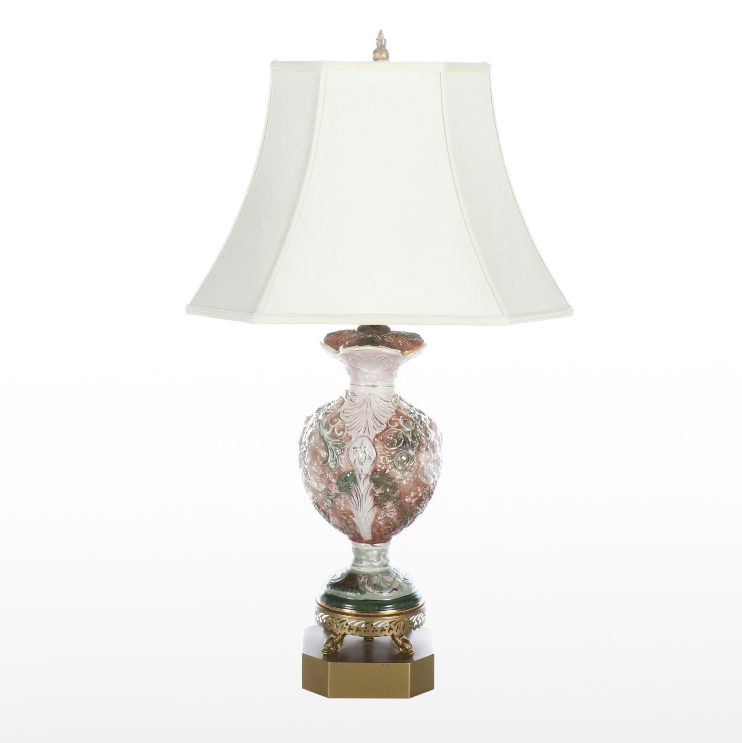 Embossed Ceramic and Brass Table Lamp with Fabric Shade