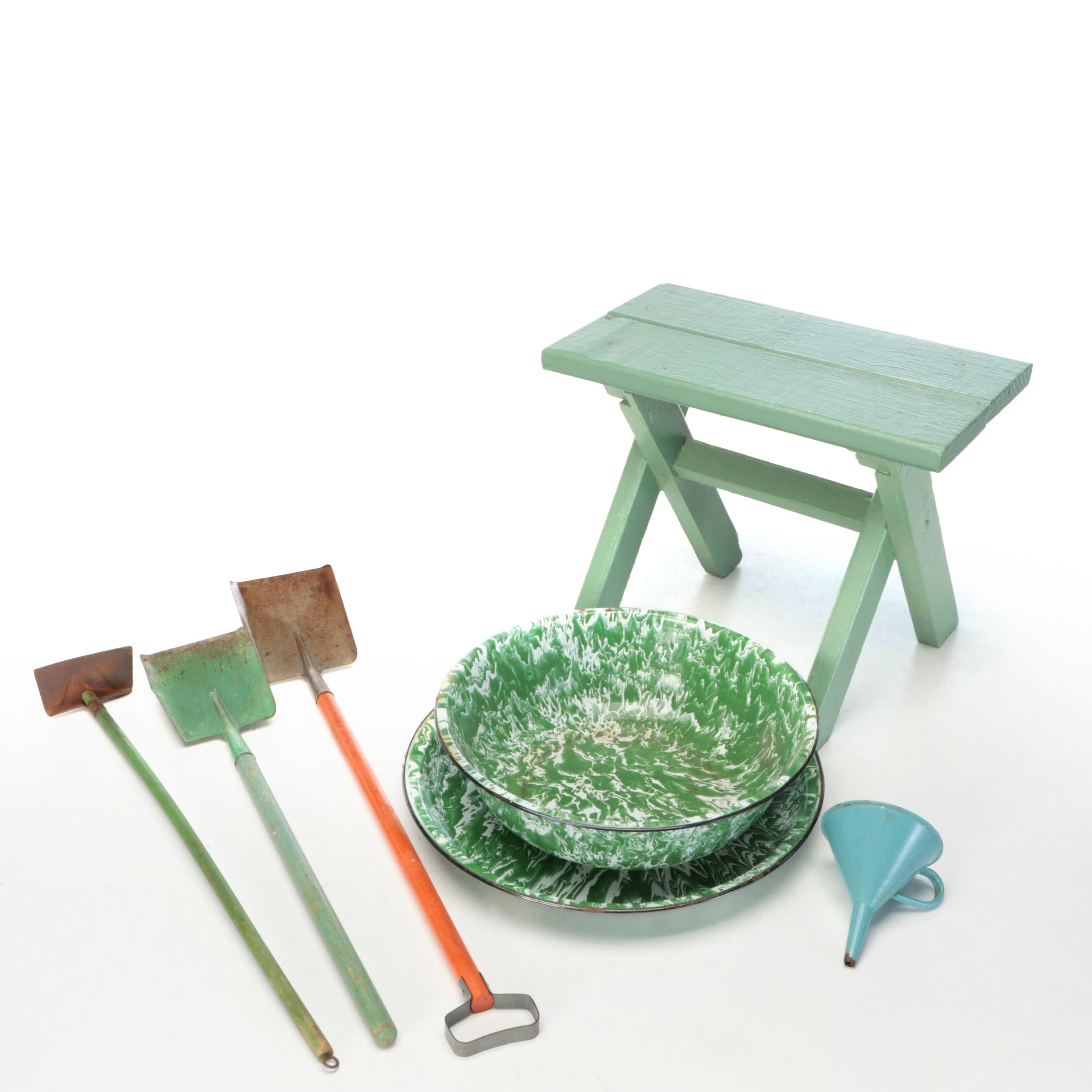 Green Painted Footstool with Enamel Basin and More