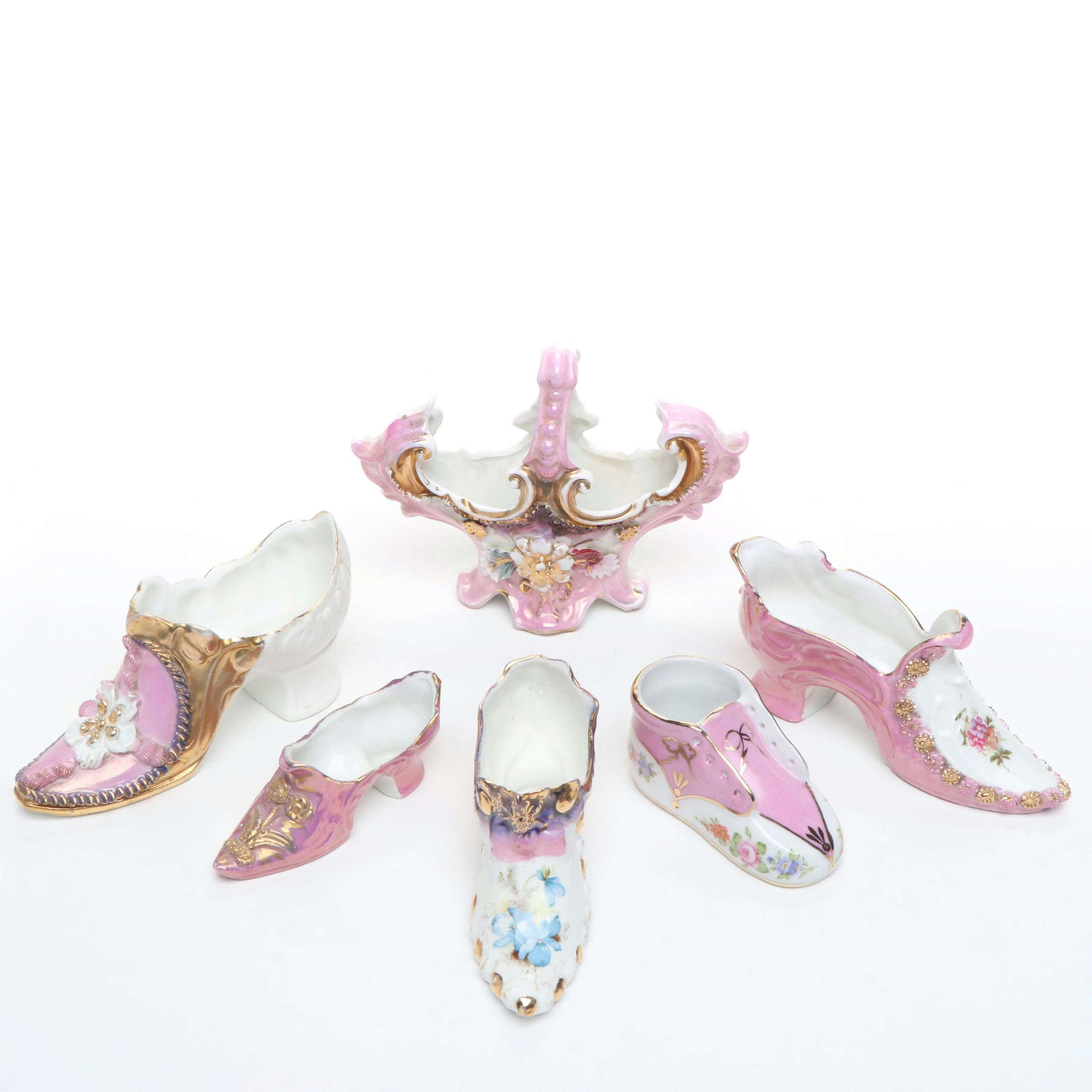 German Porcelain Pink and White Shoes and Basket Vase