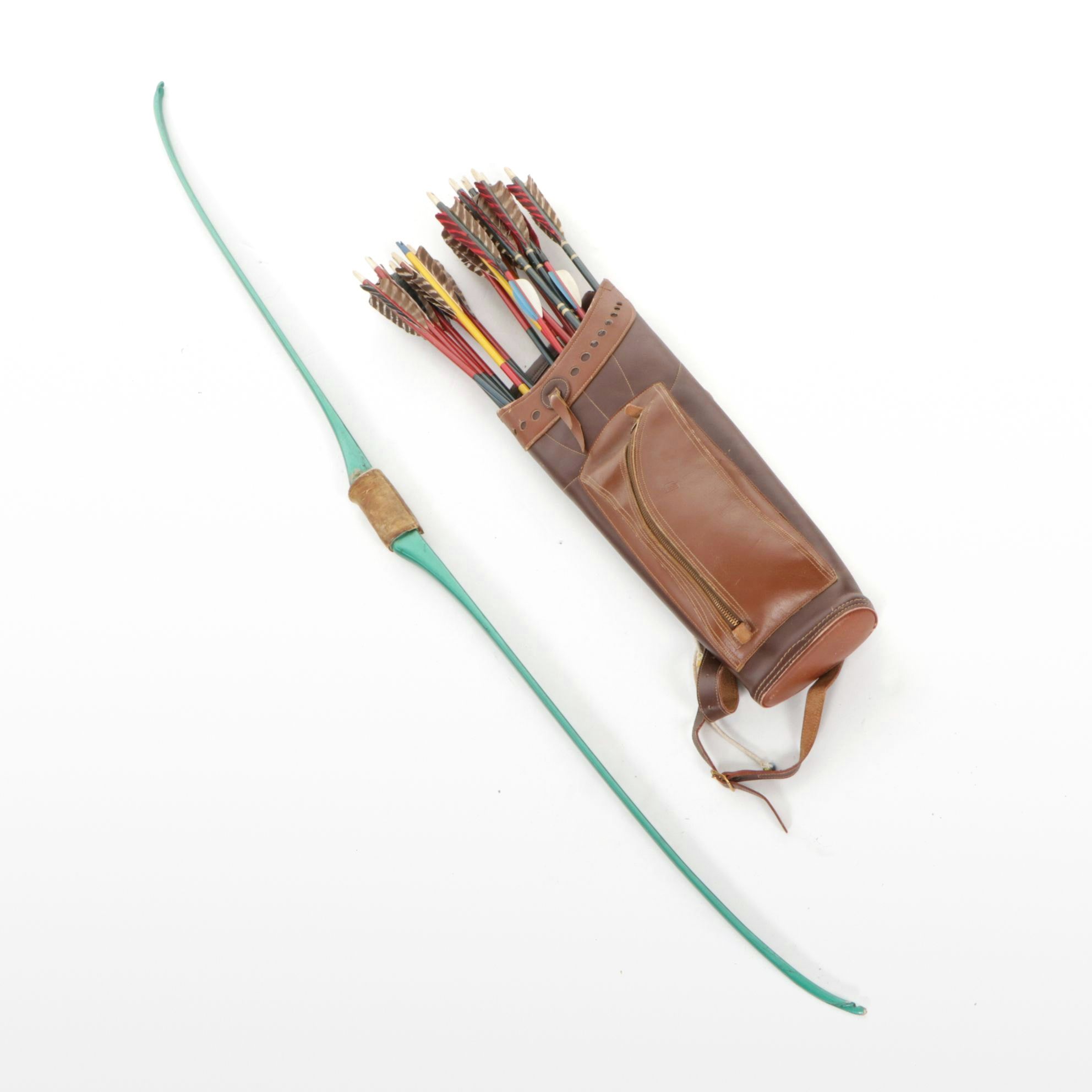 Bear Archery Leather Quiver with Arrows, Teal Bow and Accessories