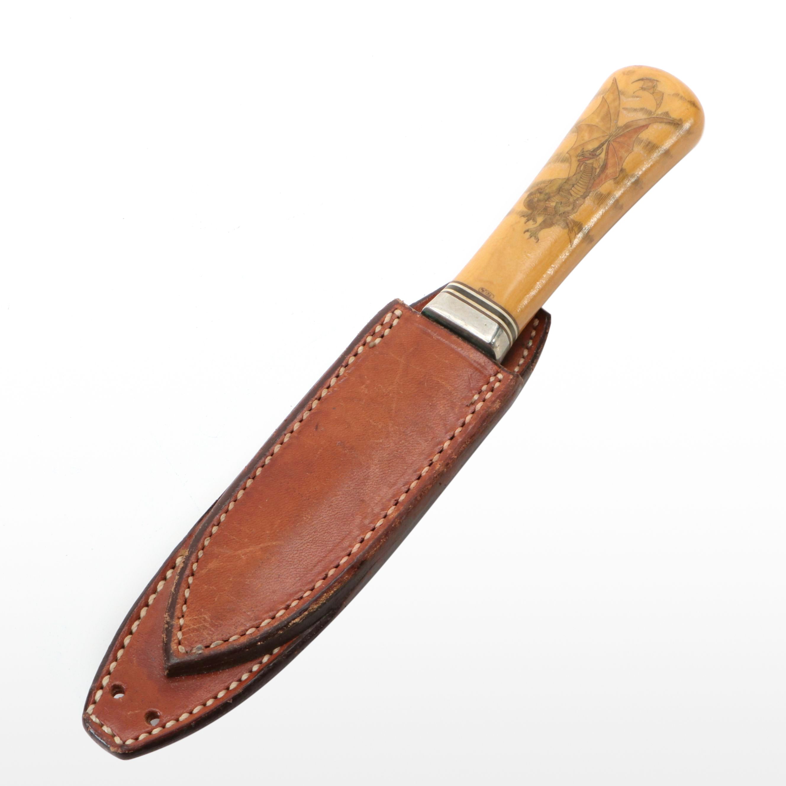 Artist Rick Bowles, Randall Wooden Dragon Handled Fixed Blade Knife in Scabbard