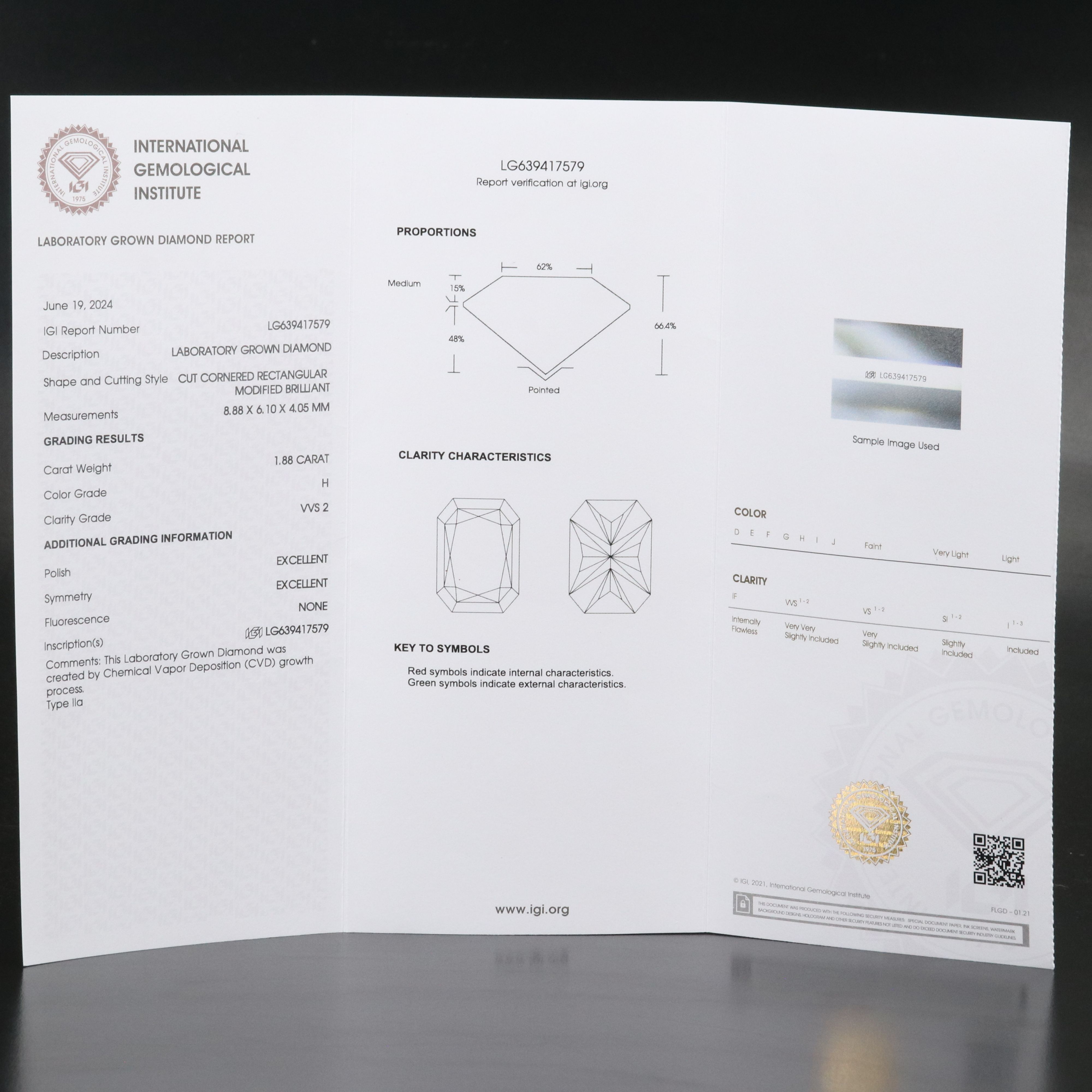 Loose 1.88 CT Lab Grown Diamond with IGI Report