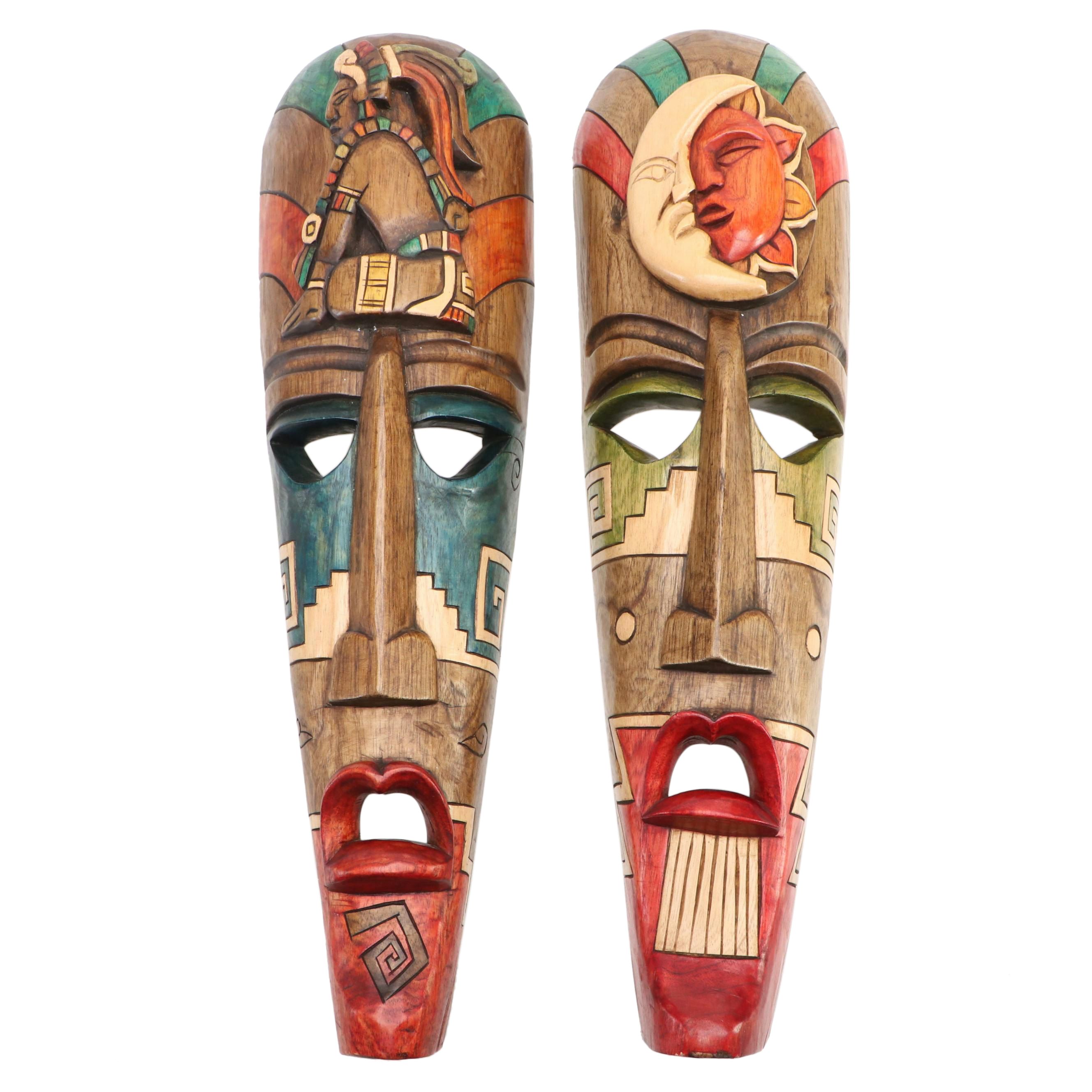 Pair of 24" Mayan Theme Hand-Carved Polychrome Wood Souvenir Masks