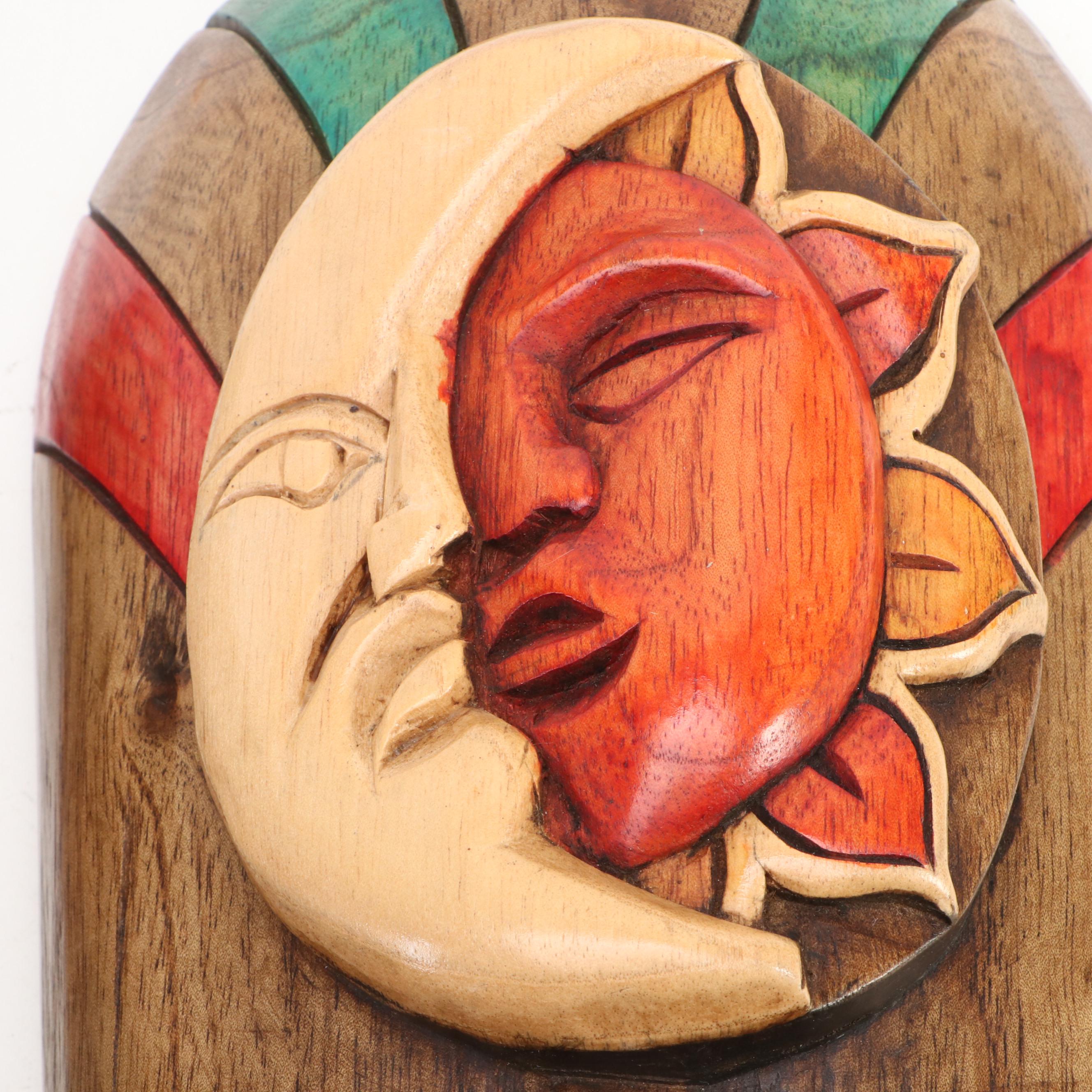 Pair of 24" Mayan Theme Hand-Carved Polychrome Wood Souvenir Masks