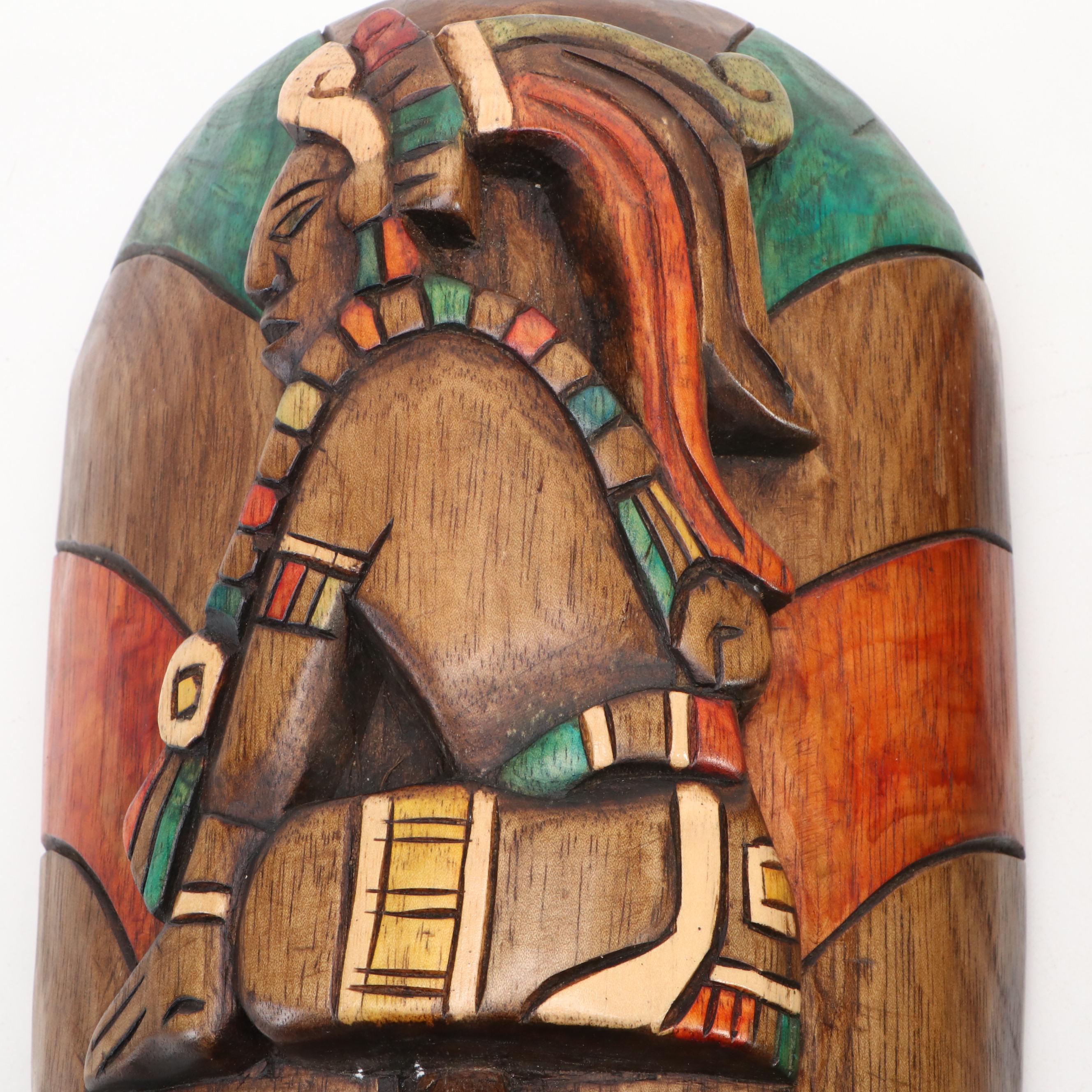 Pair of 24" Mayan Theme Hand-Carved Polychrome Wood Souvenir Masks