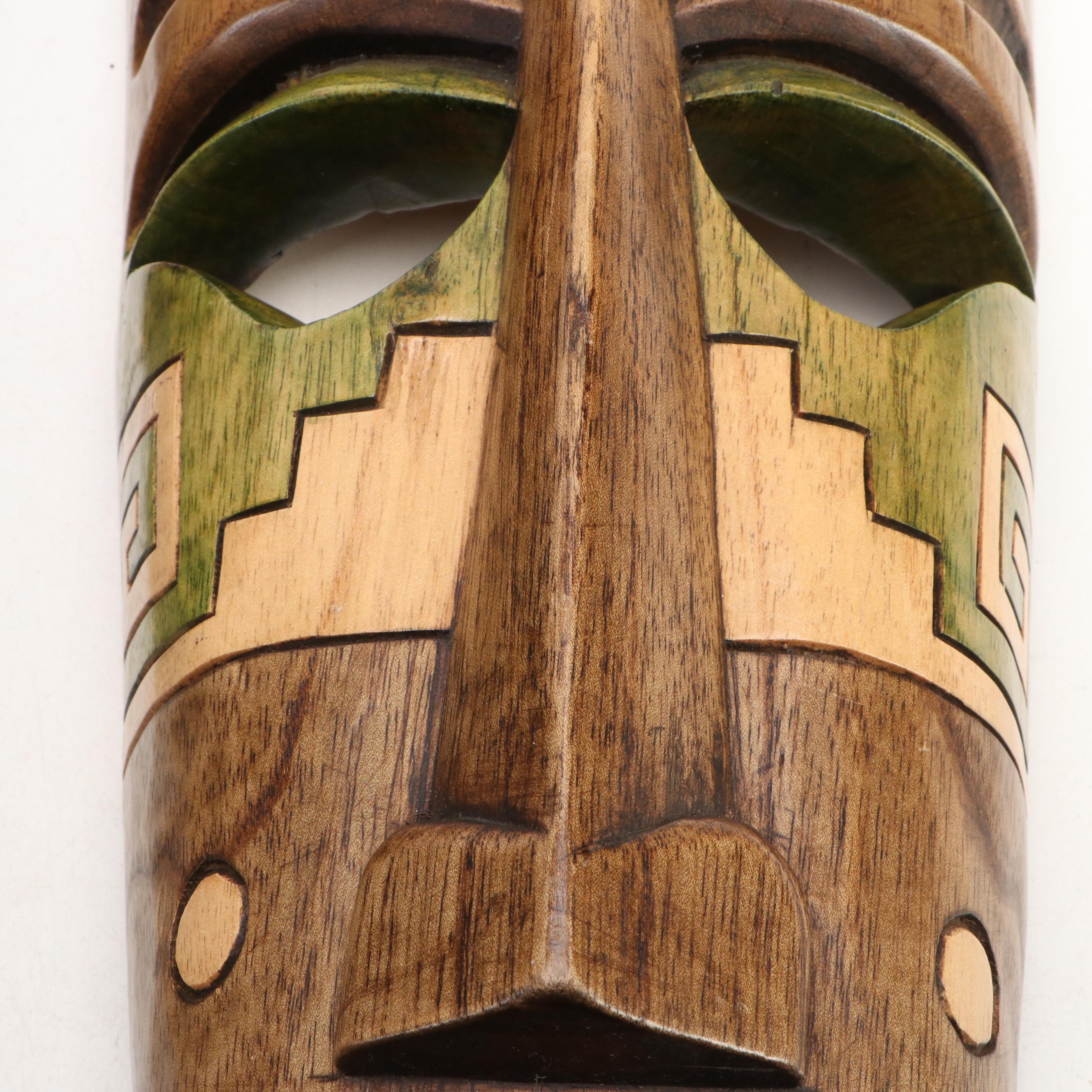 Pair of 24" Mayan Theme Hand-Carved Polychrome Wood Souvenir Masks