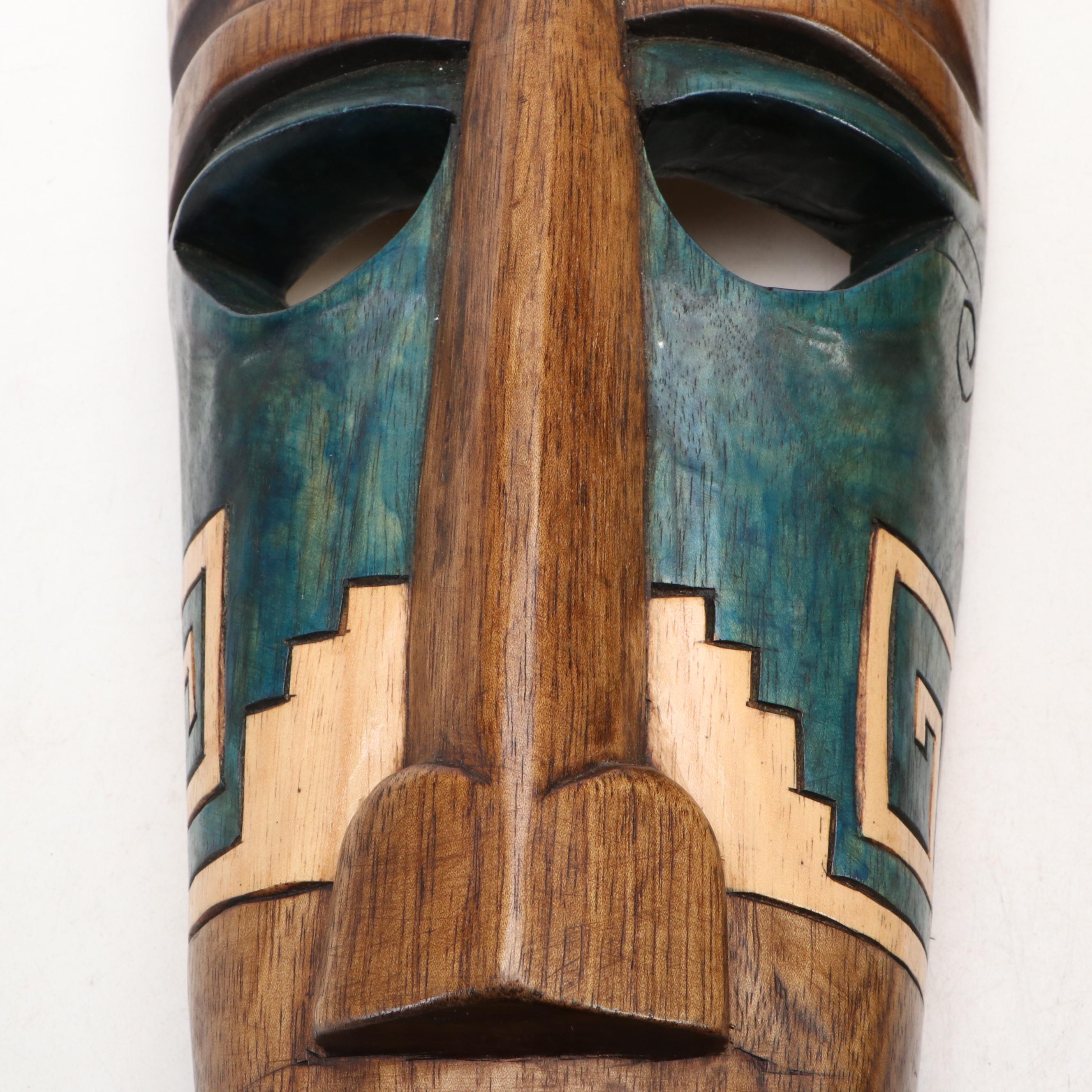 Pair of 24" Mayan Theme Hand-Carved Polychrome Wood Souvenir Masks