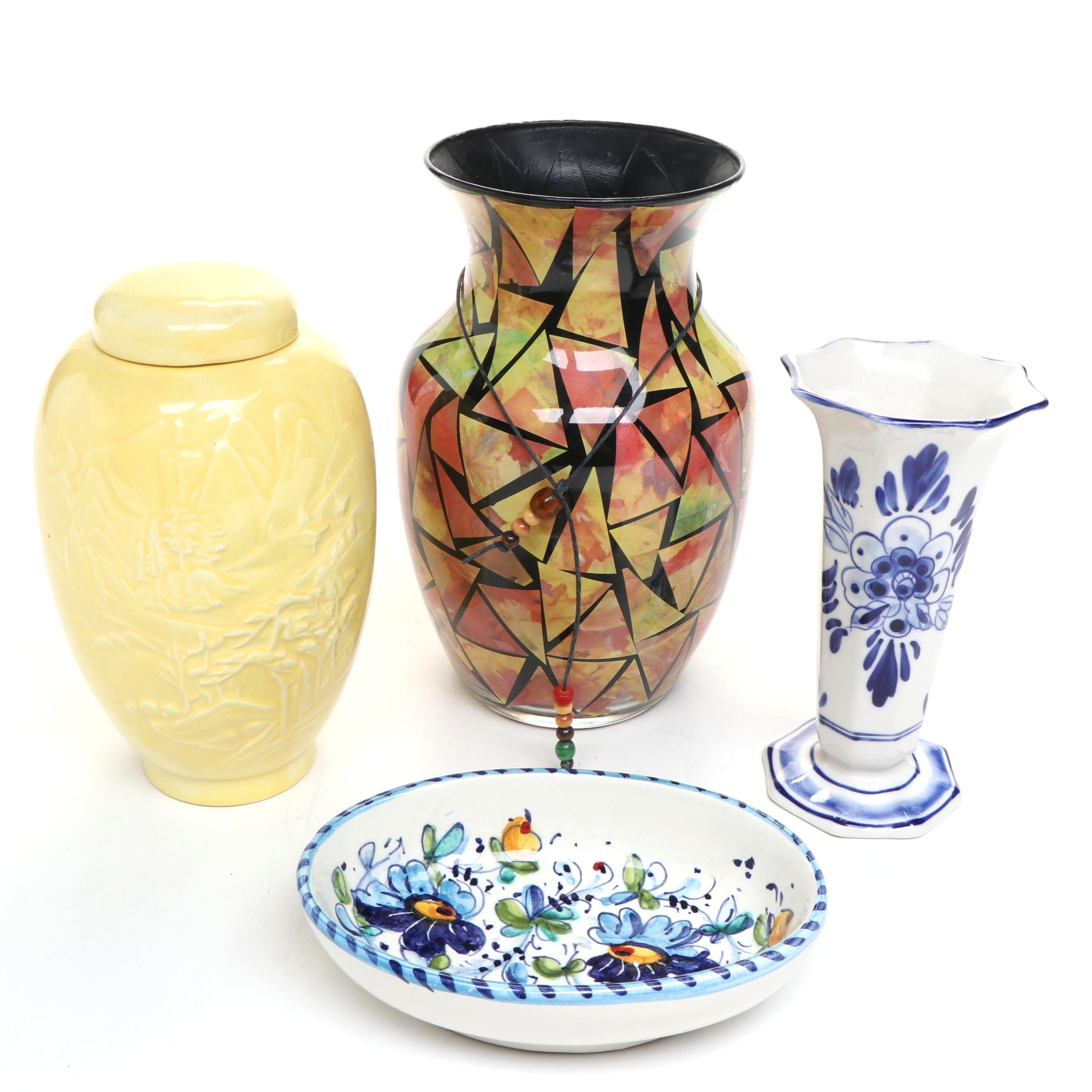 Marino Italian Bowl, Delfts Blue Trumpet Vase, Reverse Decoupage Vase, More