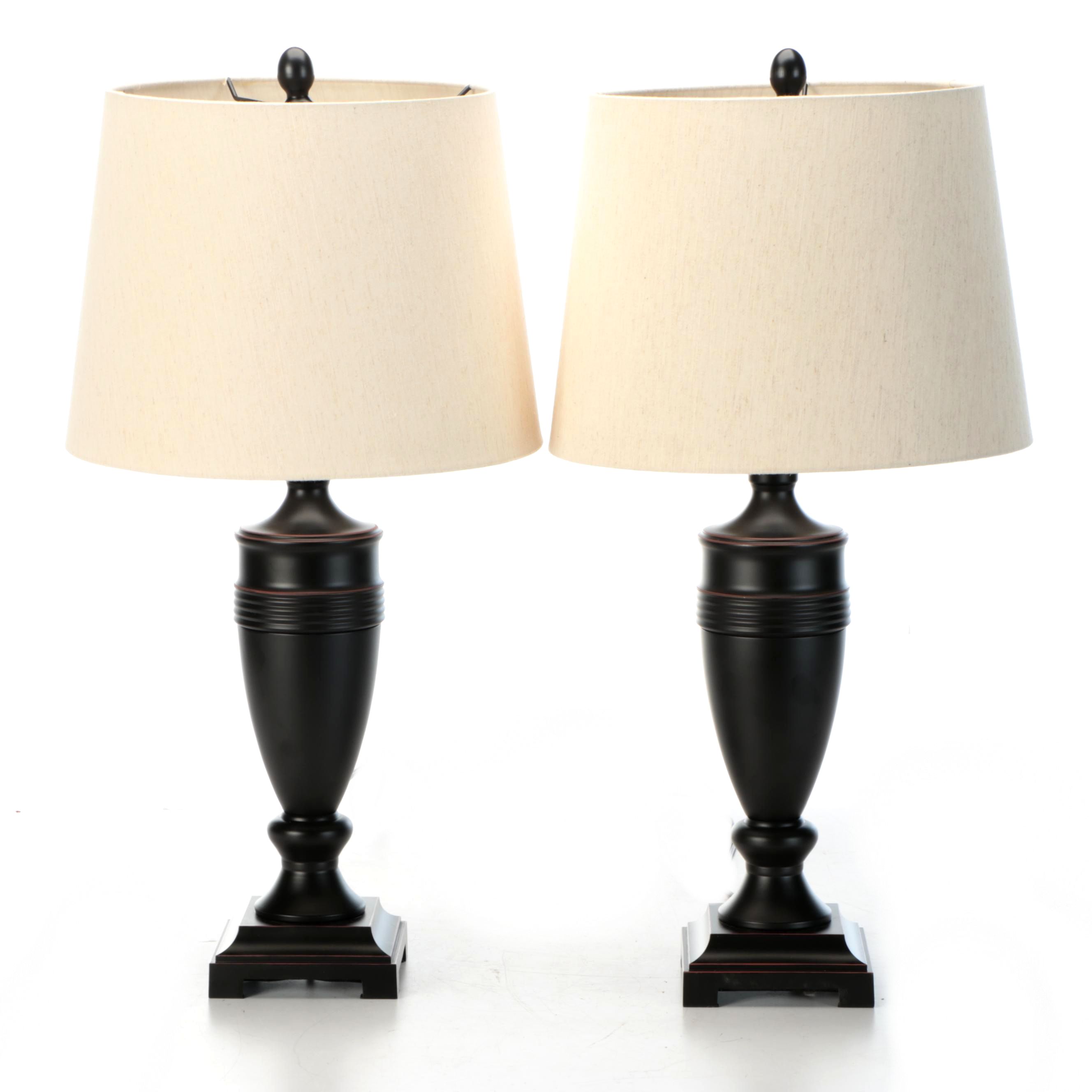 Pair of Oil Rubbed Bronze Urn Table Lamps with Slubbed Cotton Shades