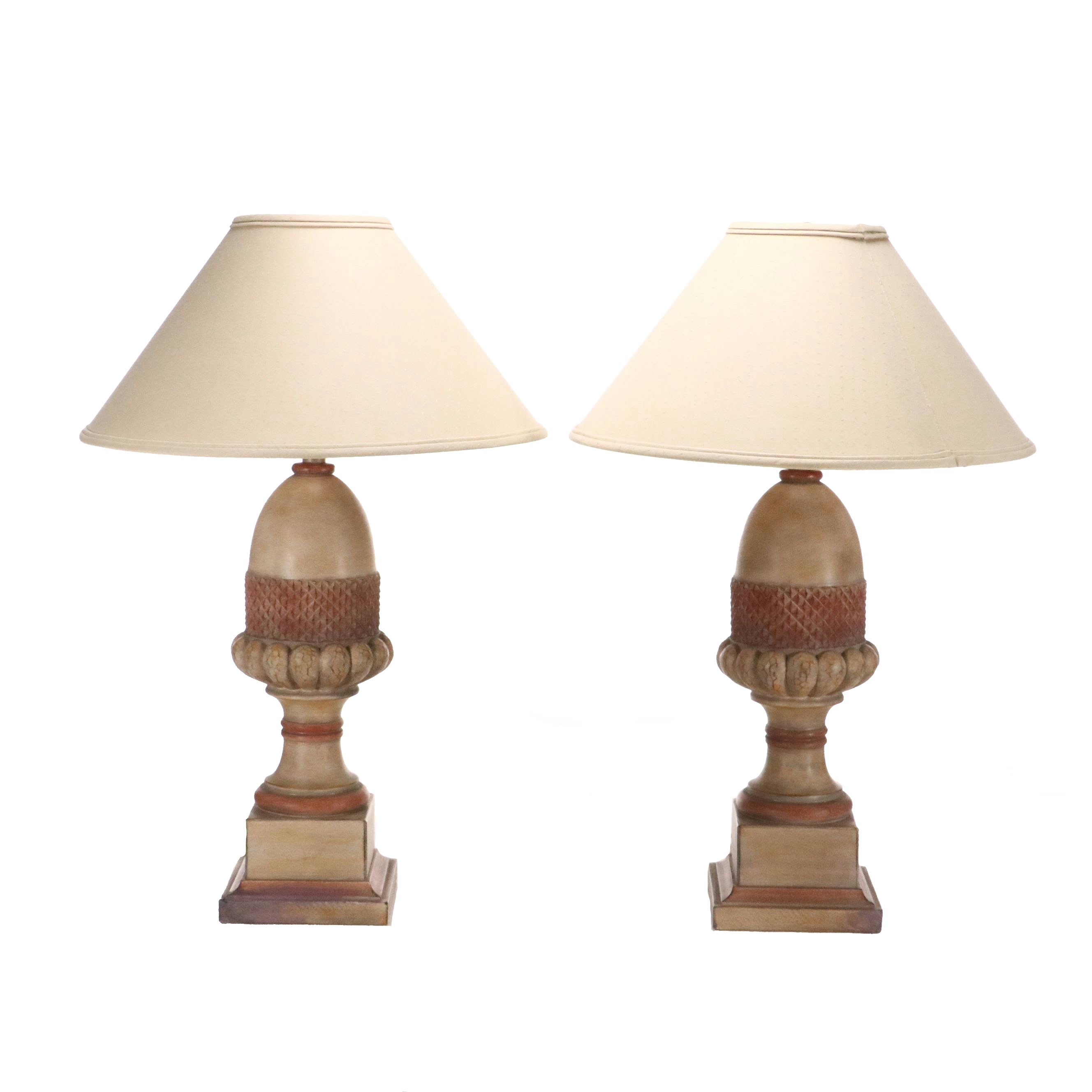 Neoclassical Acorn Finial Table Lamps with Cotton Coolie Shades