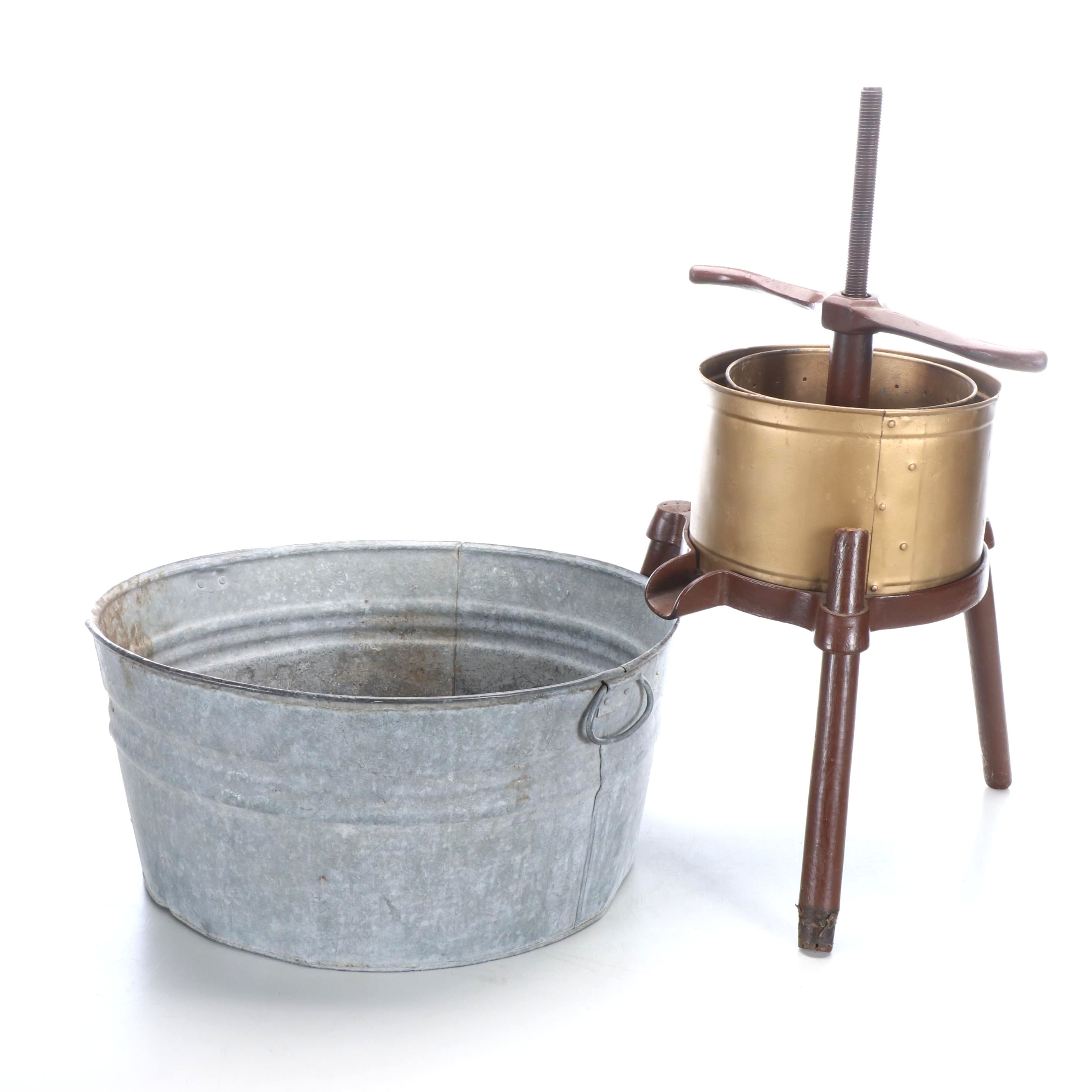 Galvanized Metal Tub and Paint-Decorated Fruit Juicer, Antique