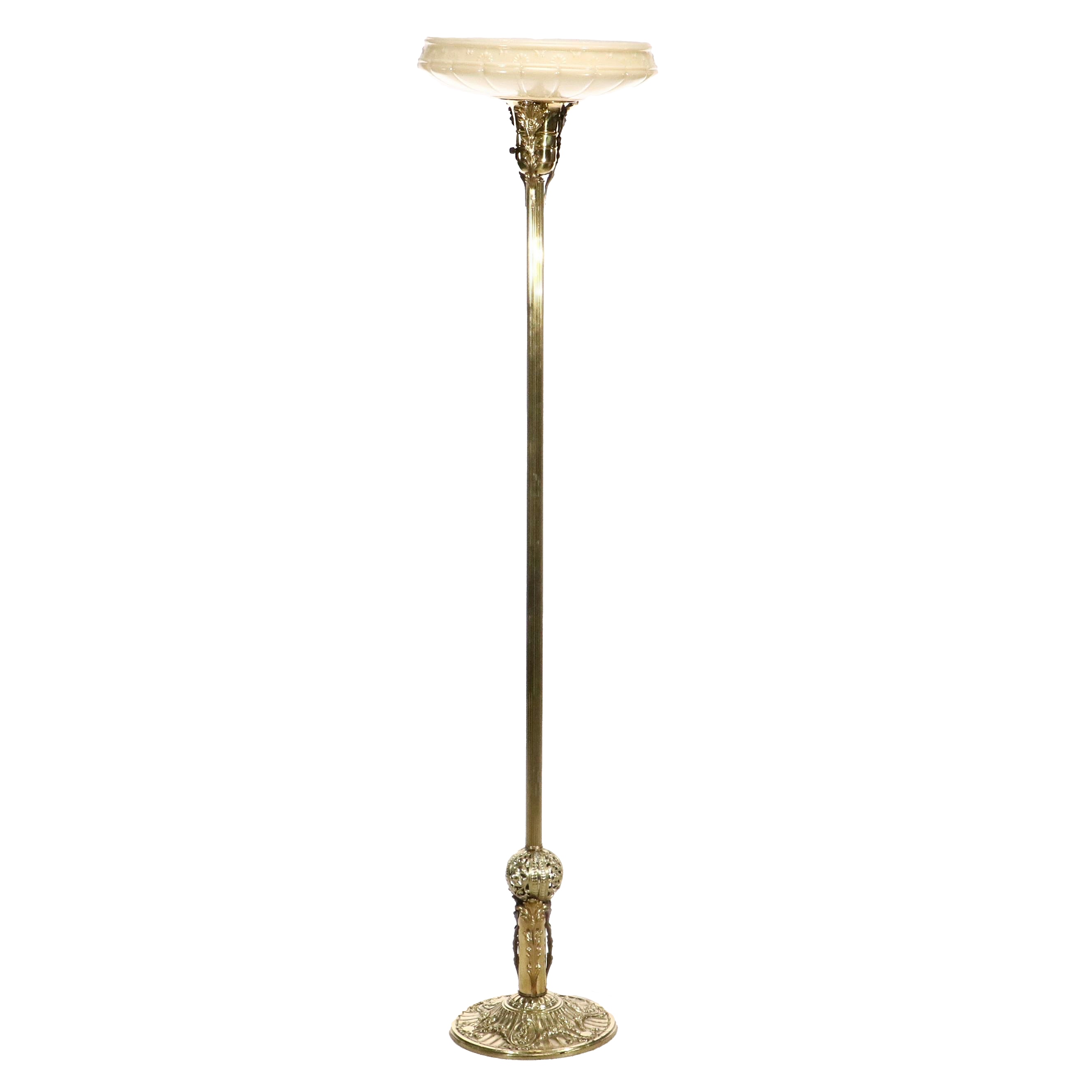 Neoclassical Style Lacquered Brass Floor Torchiere Lamp & Buff Iridescent Shade