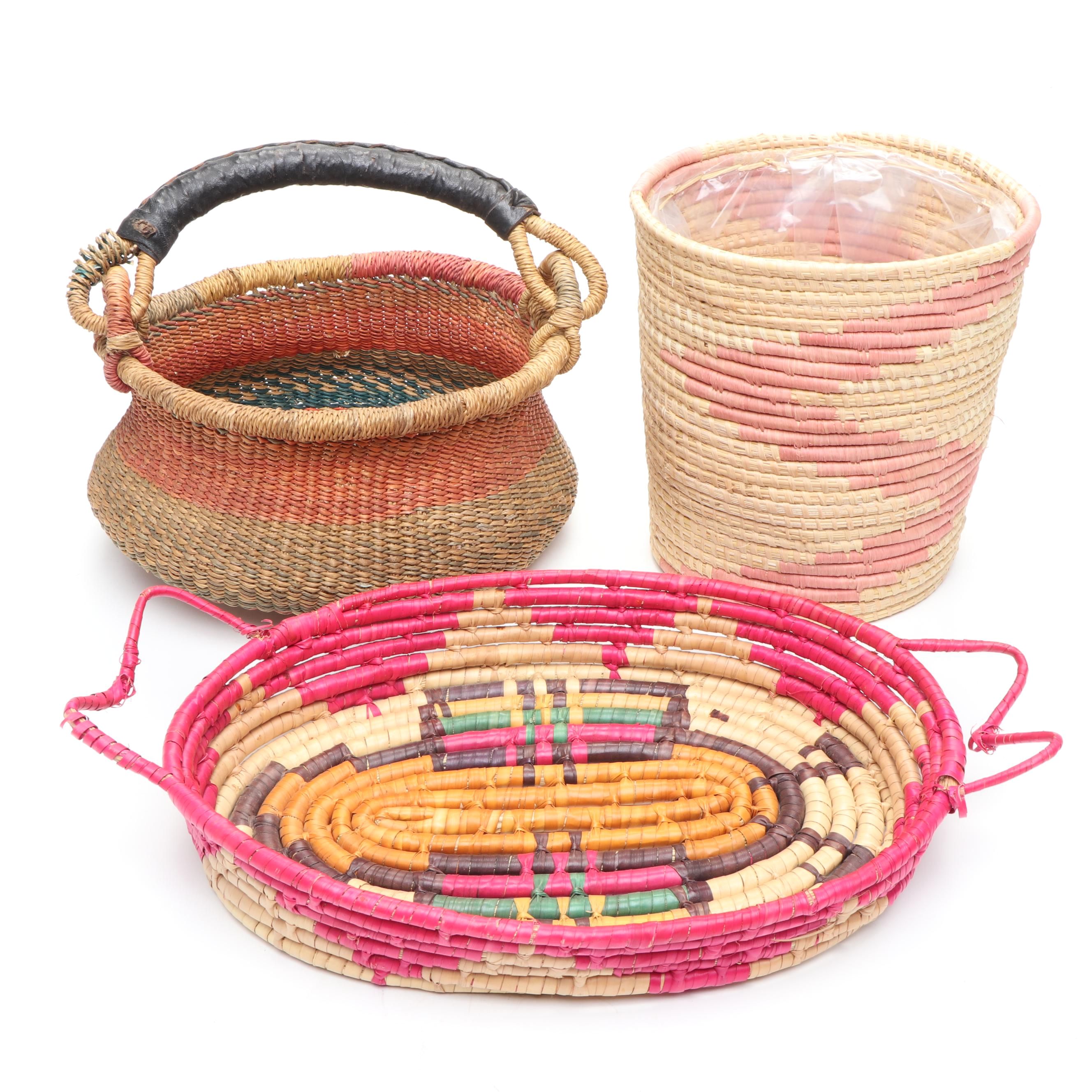 Ethiopian Muday Handwoven Colored Tray, Ghana Bolga Basket, Uganda Coiled Basket