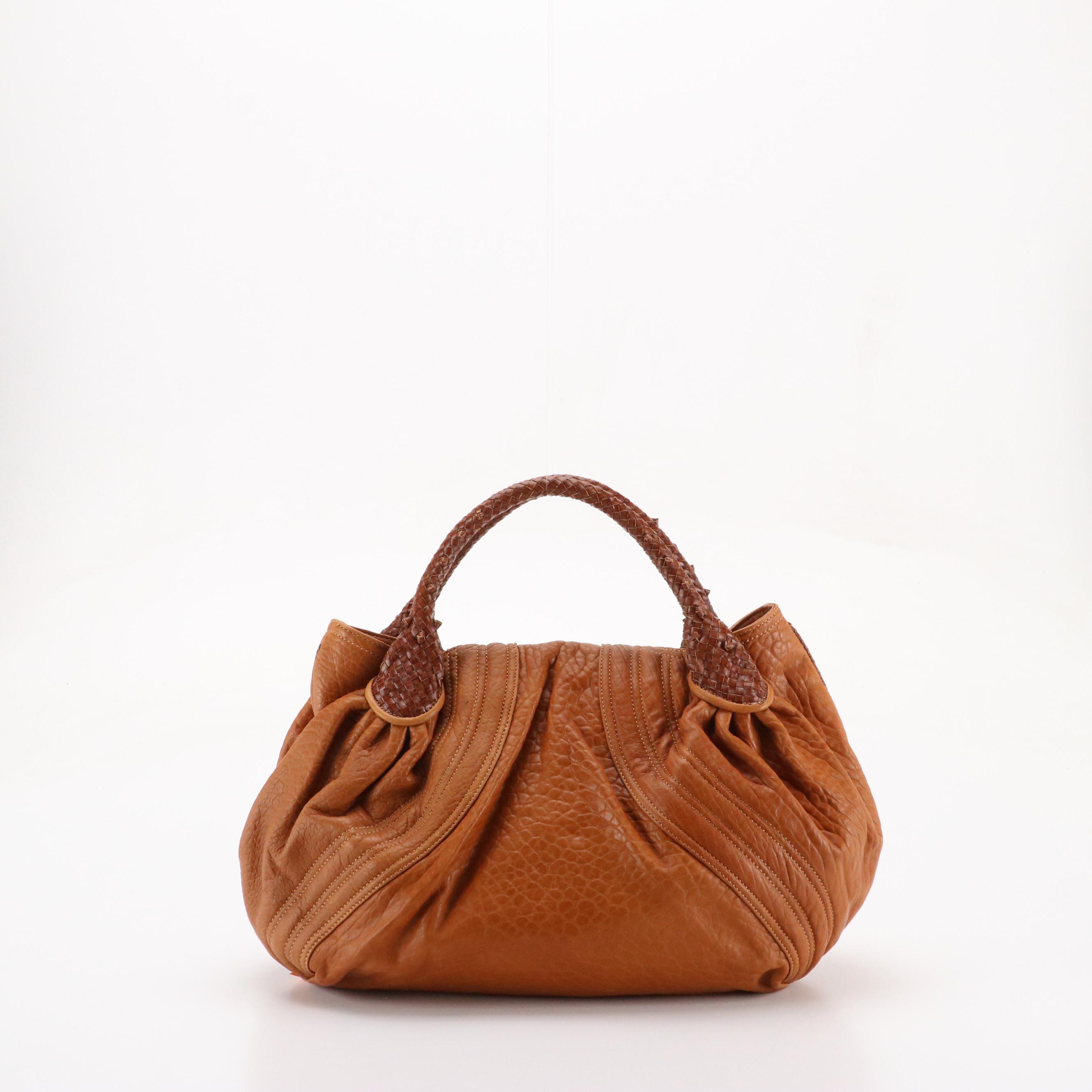 Fendi Spy Medium Hobo Bag in Dark Tan Pebbled Lambskin with Woven Handles