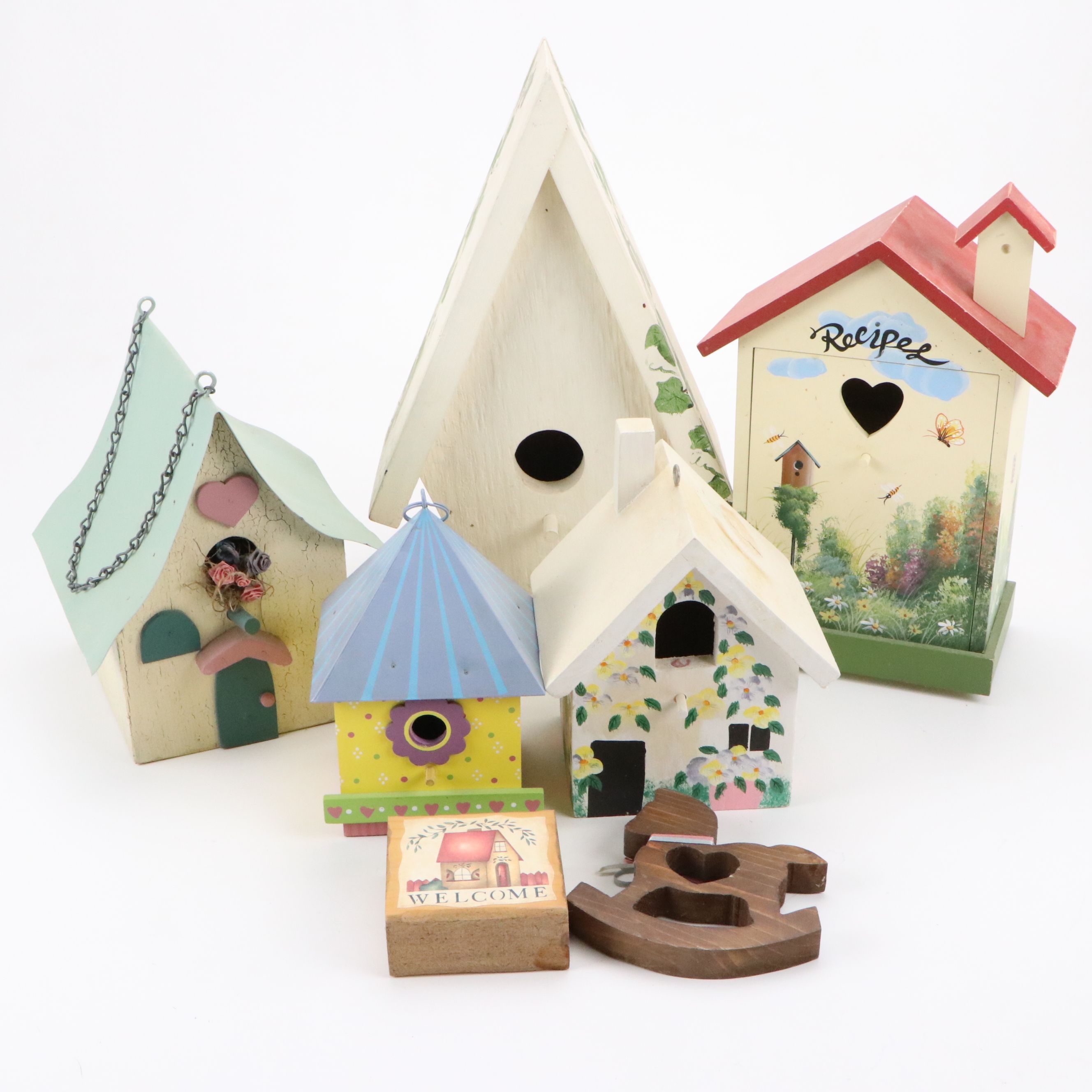 Paint-Decorated Wood Bird Houses and Decorative Accents