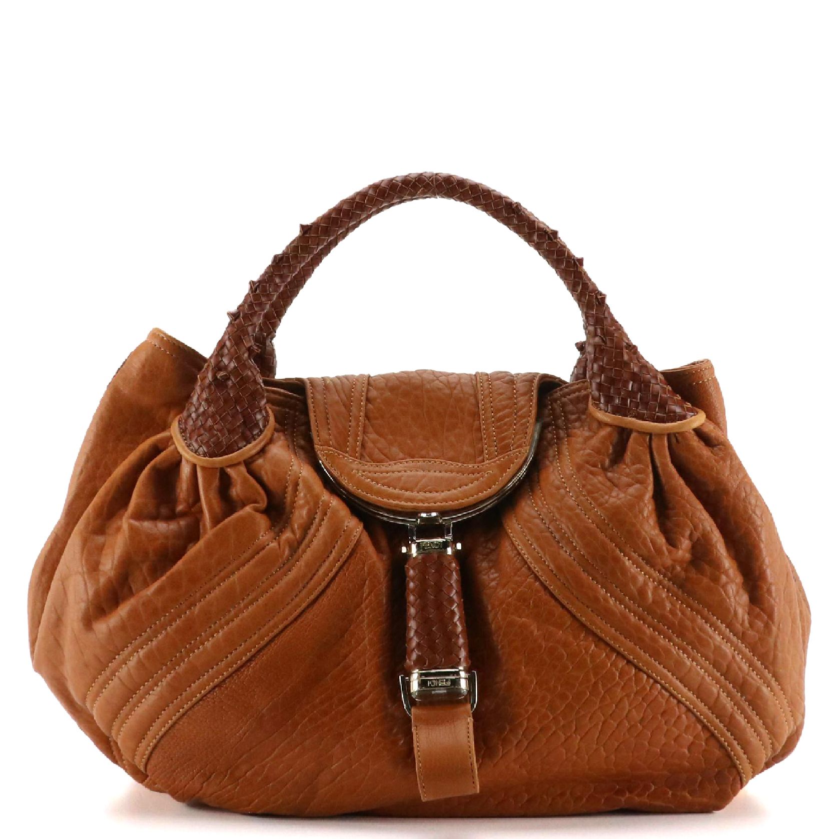 Fendi Spy Medium Hobo Bag in Dark Tan Pebbled Lambskin with Woven Handles