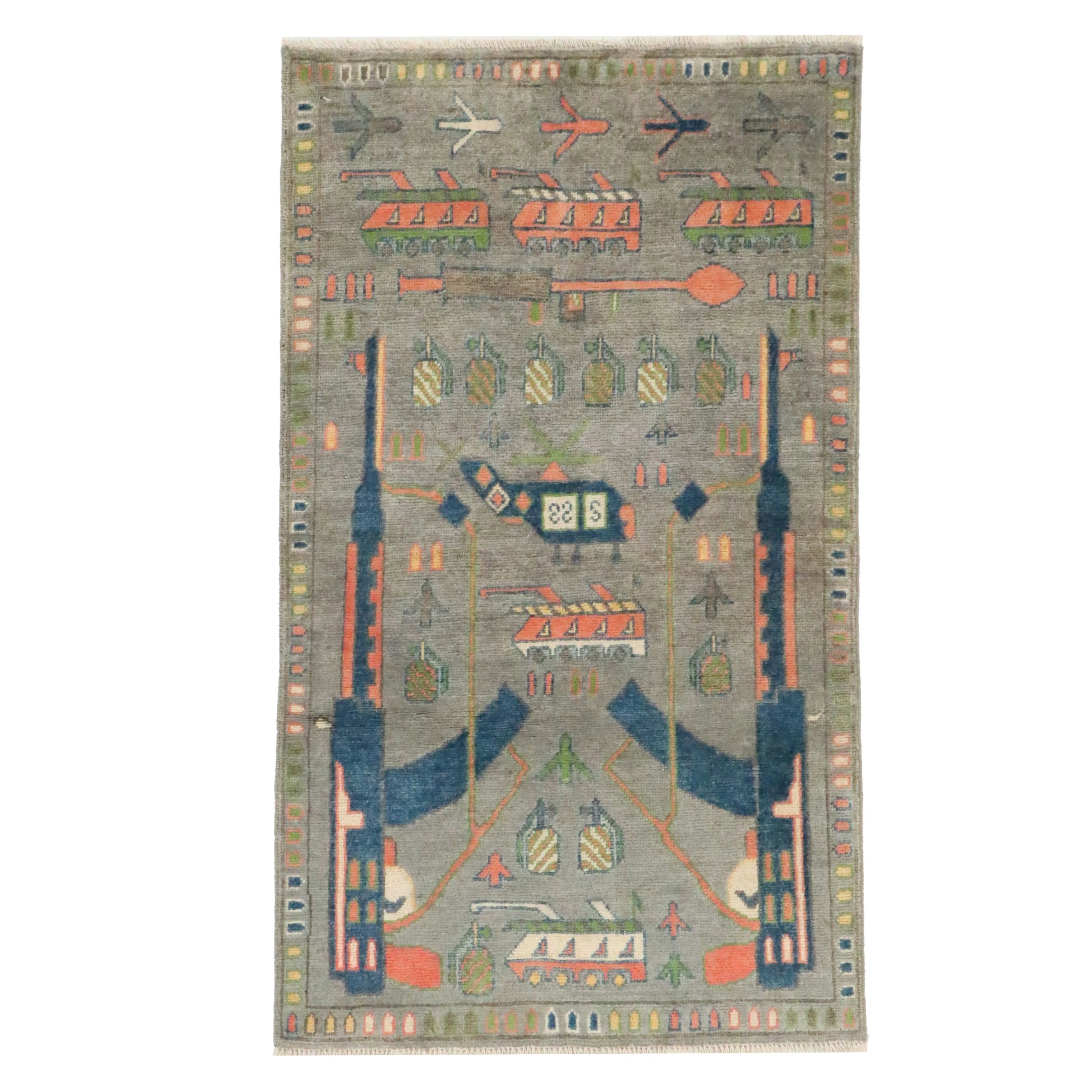 2'8 x 4'8 Hand-Knotted Pakistani Pictorial War Rug