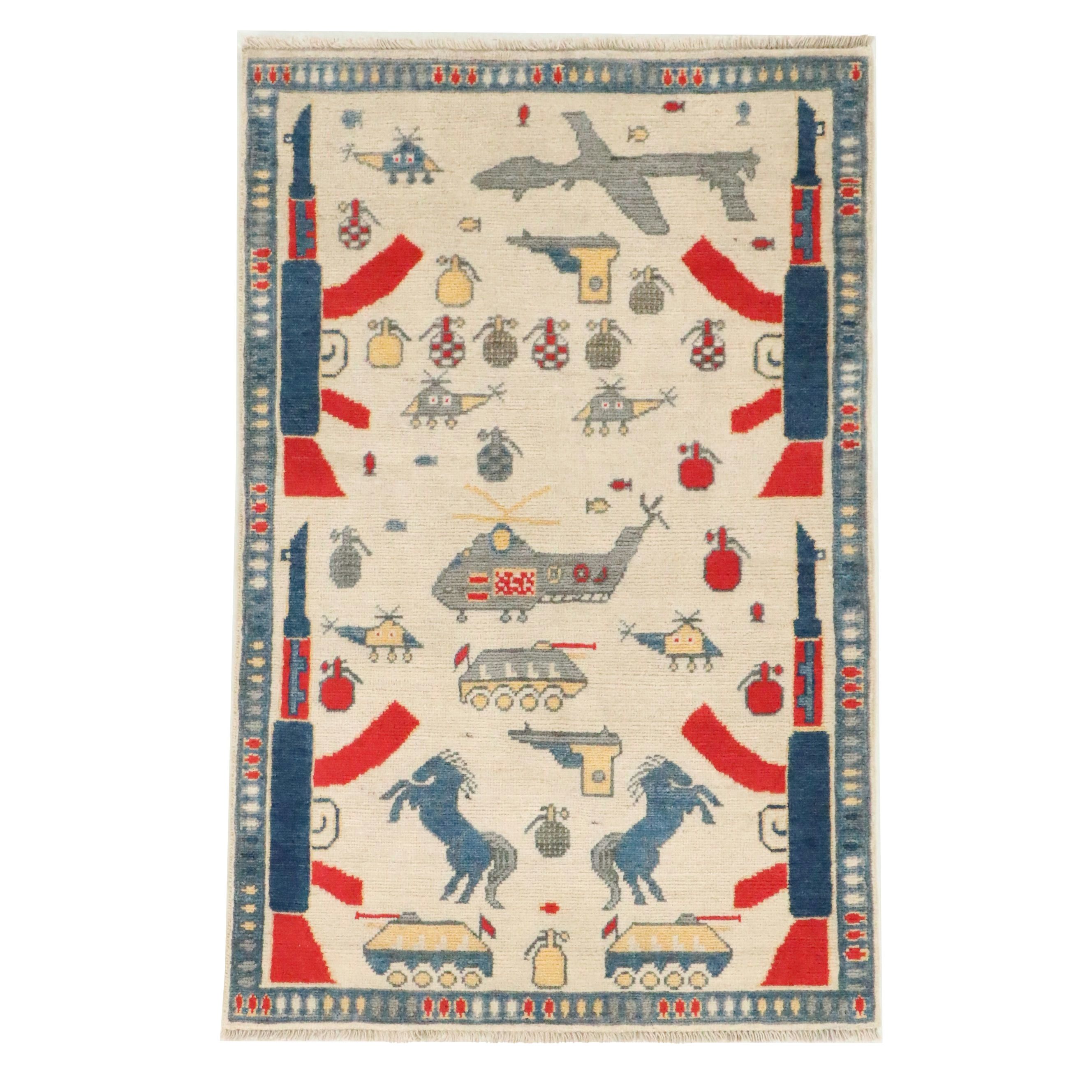 2'8 x 4'1 Hand-Knotted Afghan Pictorial War Rug