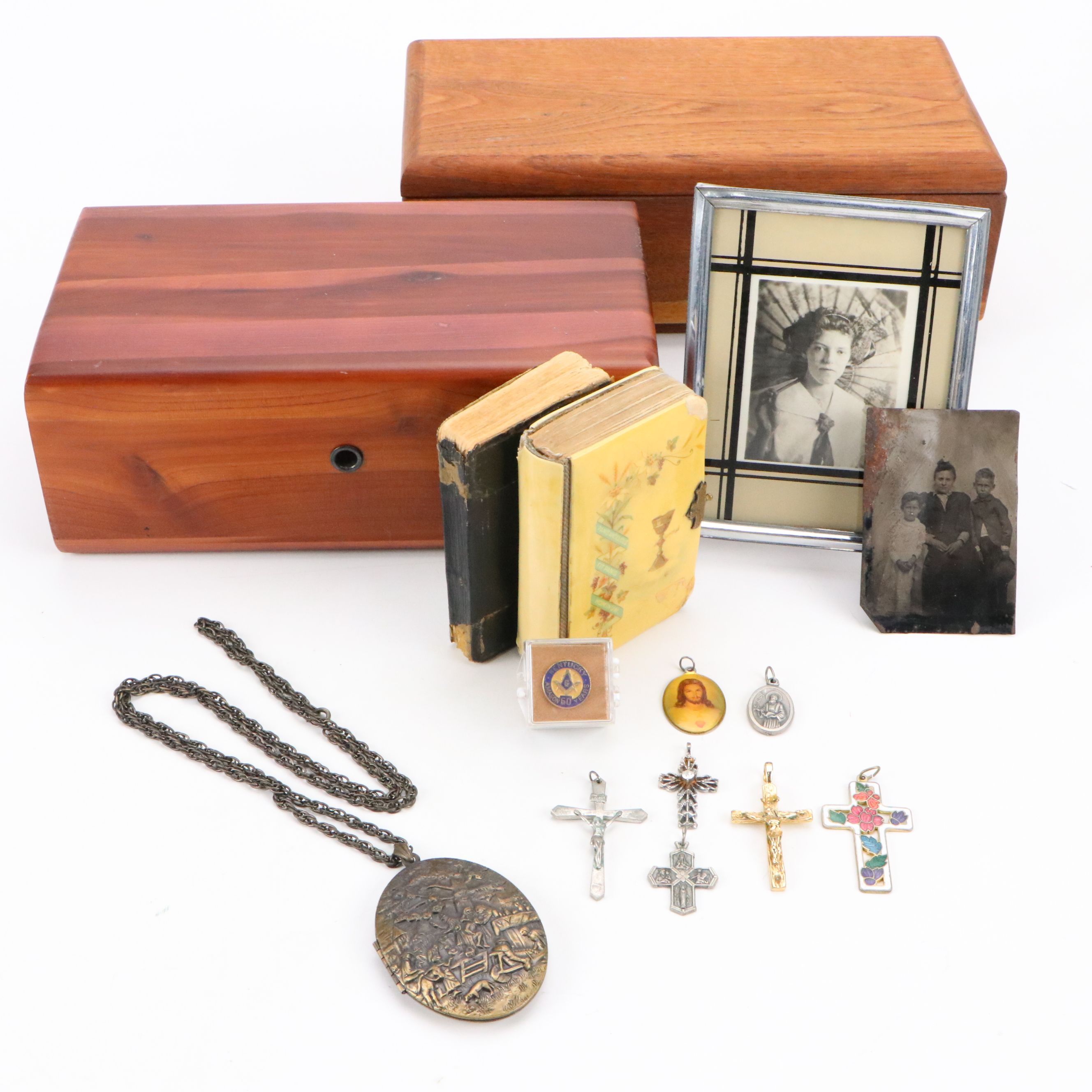 "The Key of Heaven" Antique Prayer Book with Wood Boxes, Photographs and More
