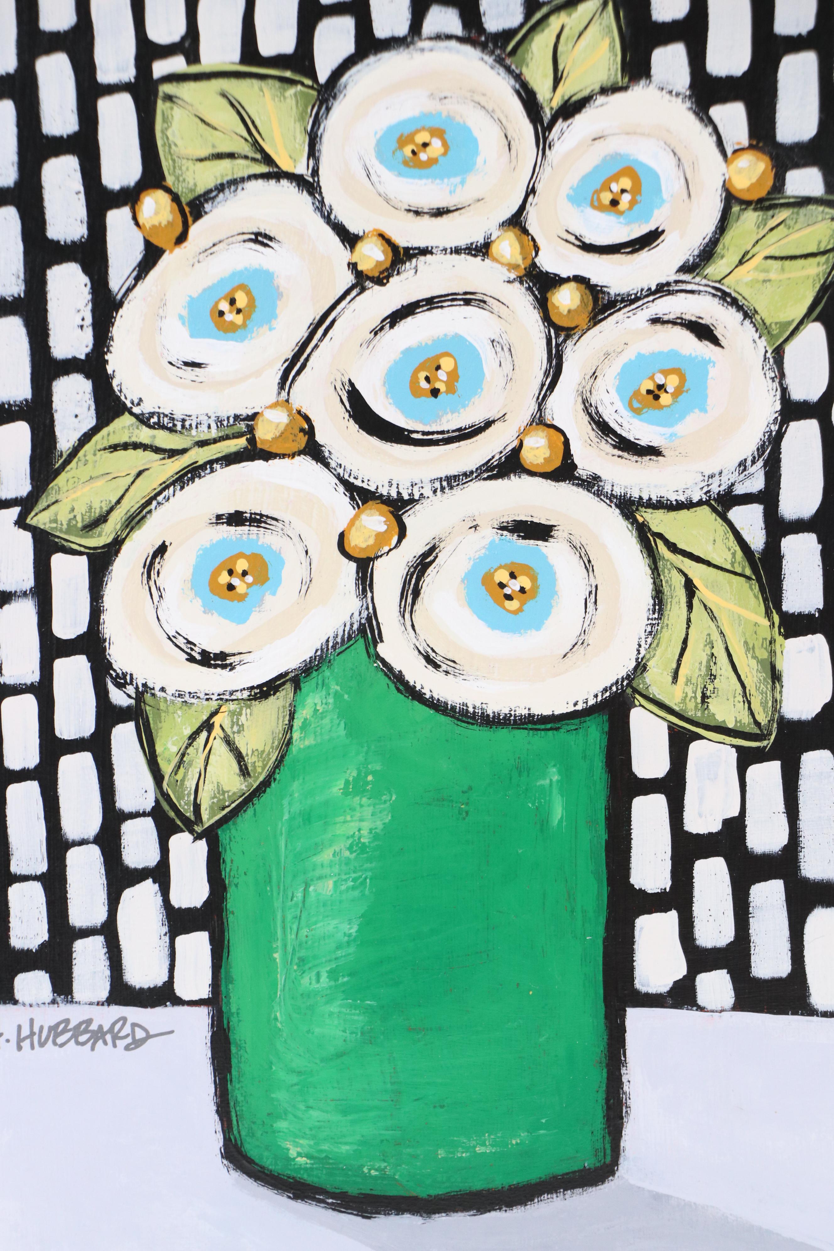 Angie Hubbard Stylized Floral Still Life Acrylic Painting, 21st Century