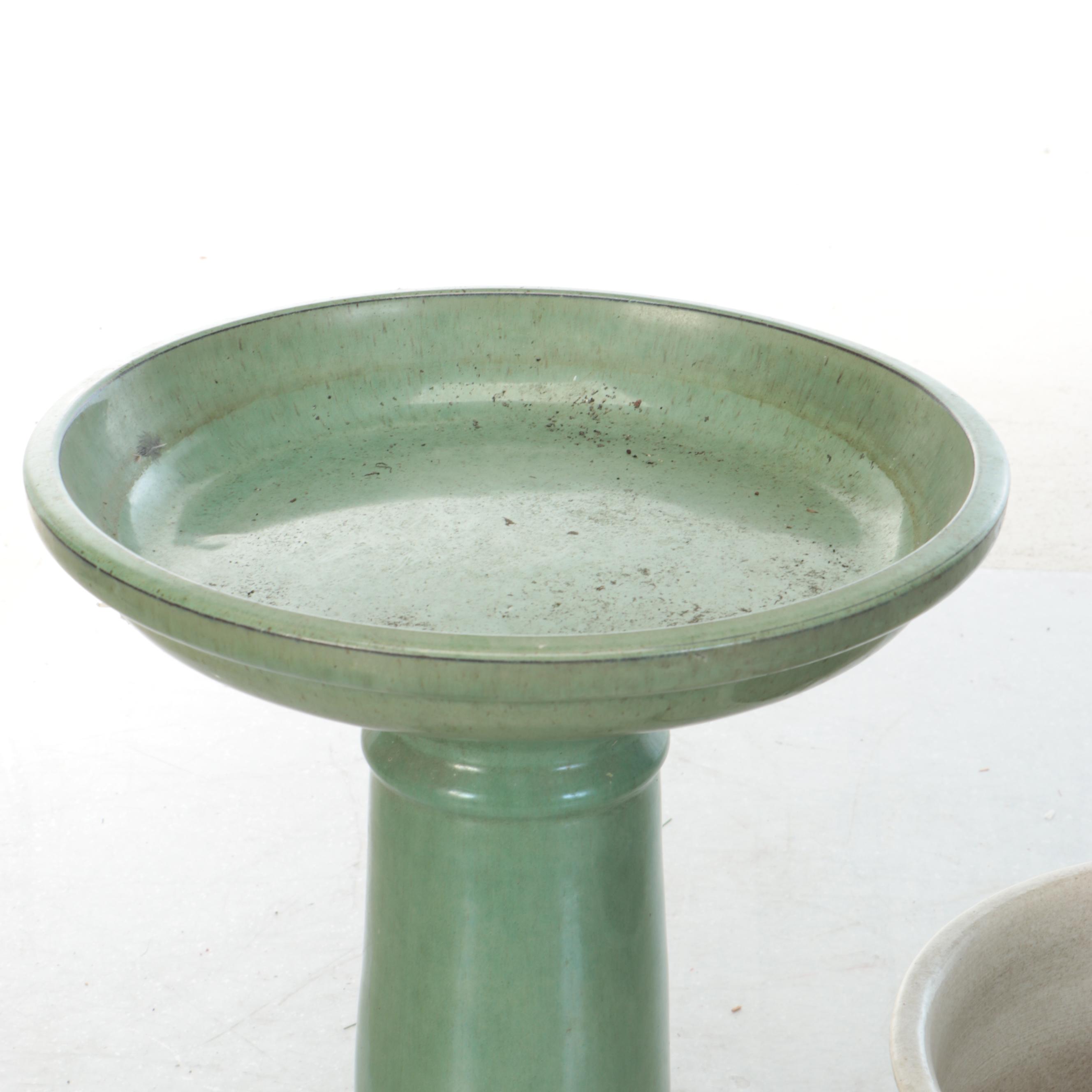 Green Glazed Ceramic Bird Bath with Outdoor Planter and Drip Plate