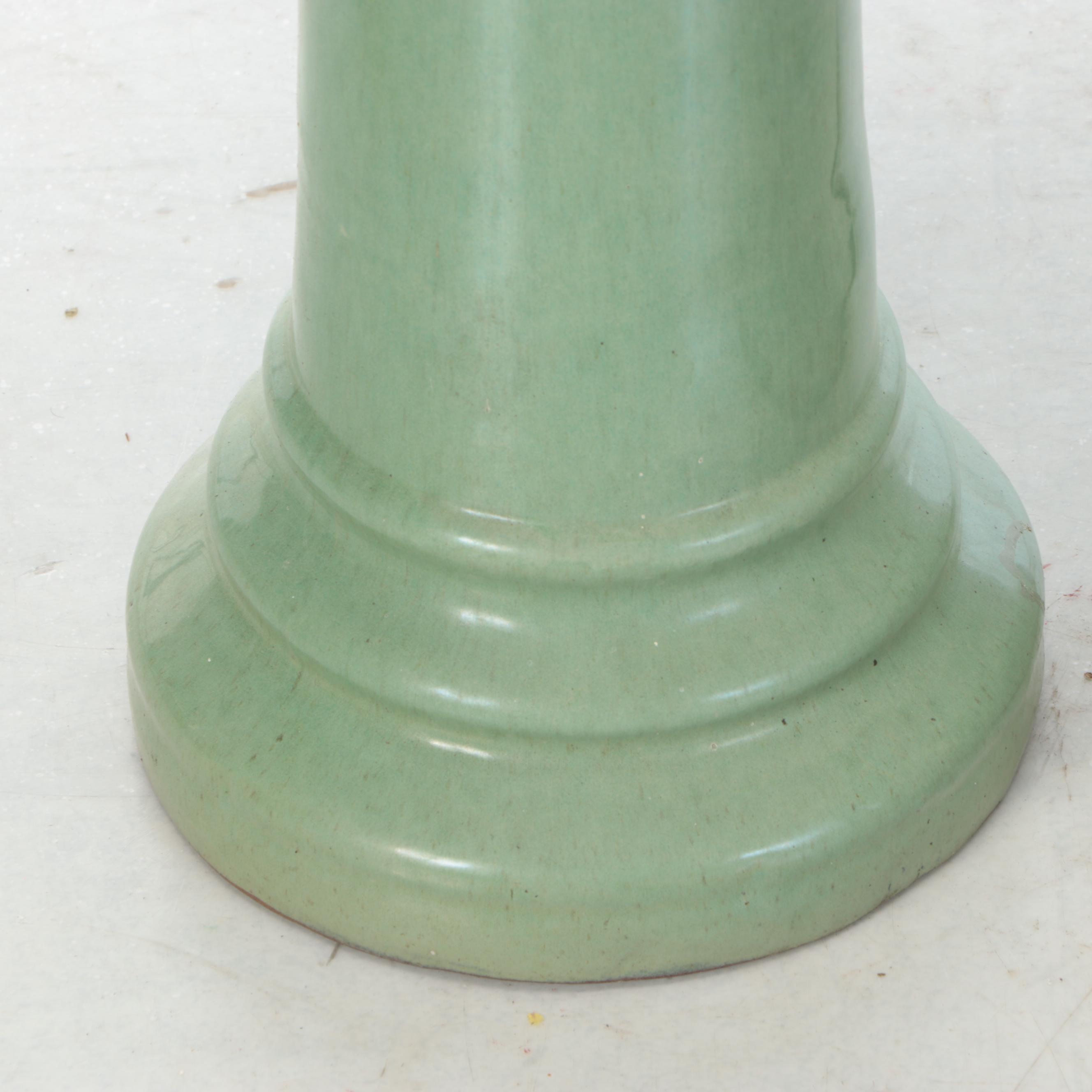 Green Glazed Ceramic Bird Bath with Outdoor Planter and Drip Plate