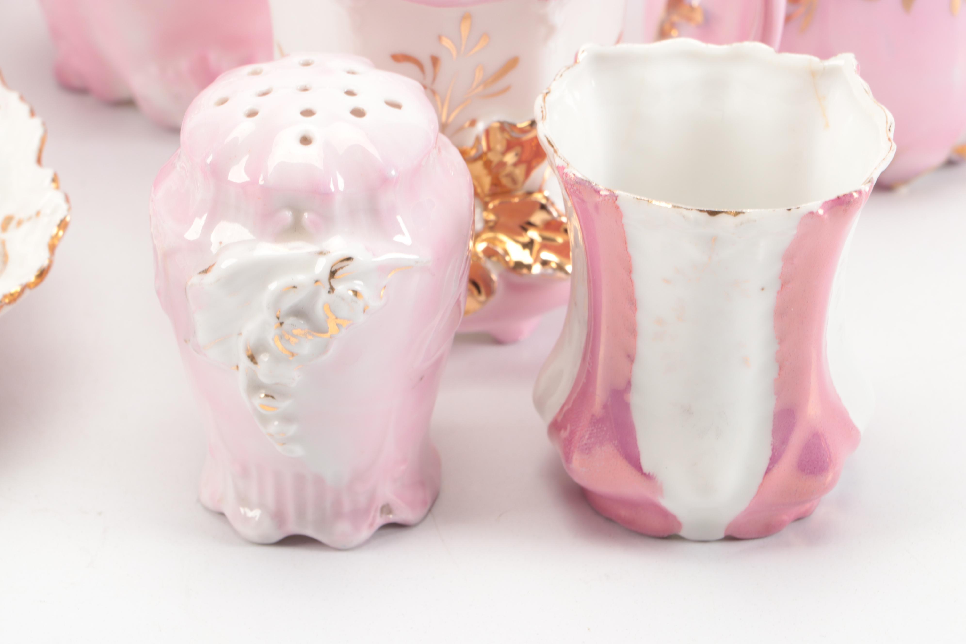 Victorian Pink Luster and Gilt Accented Tea Set with Other Table Accessories