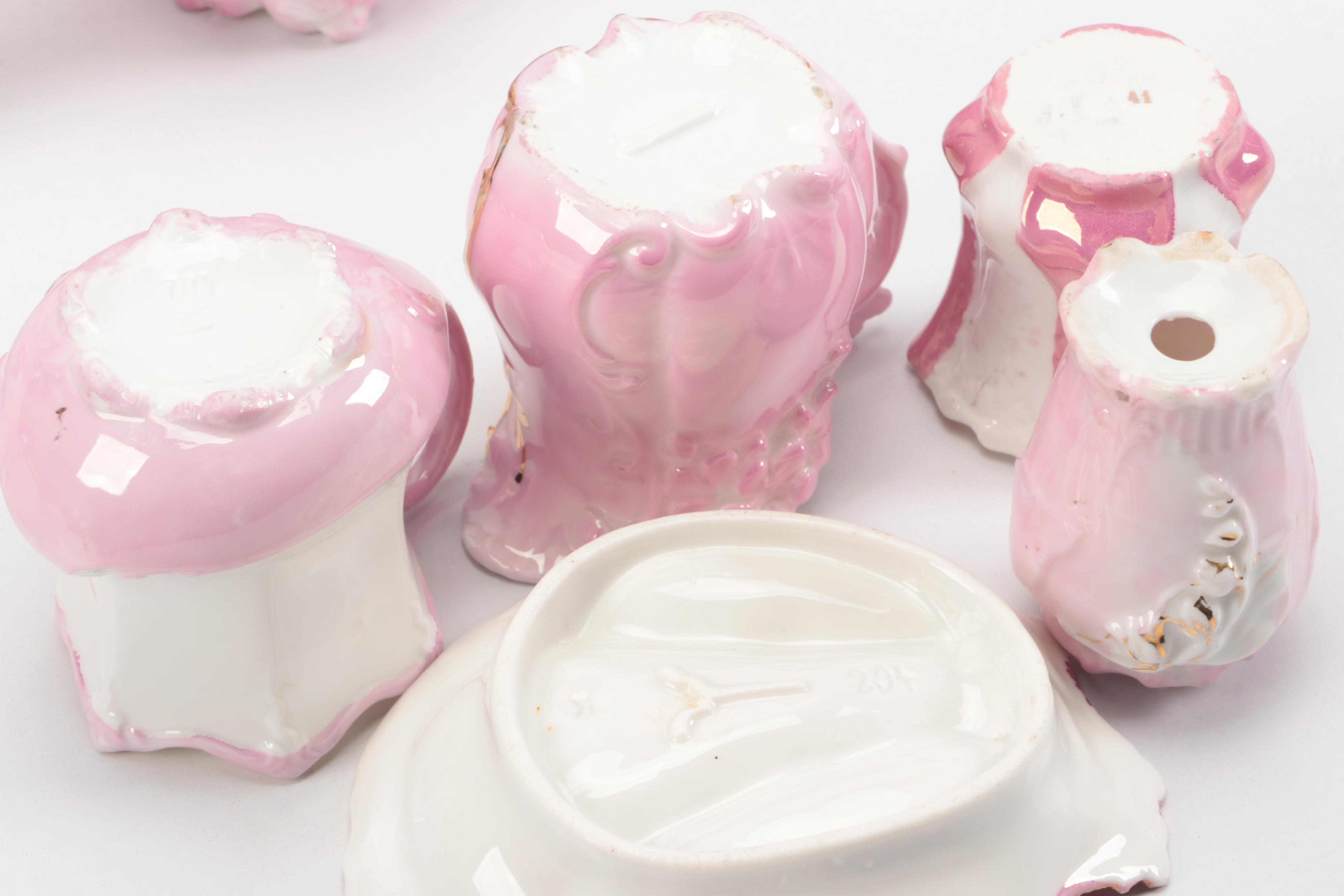 Victorian Pink Luster and Gilt Accented Tea Set with Other Table Accessories