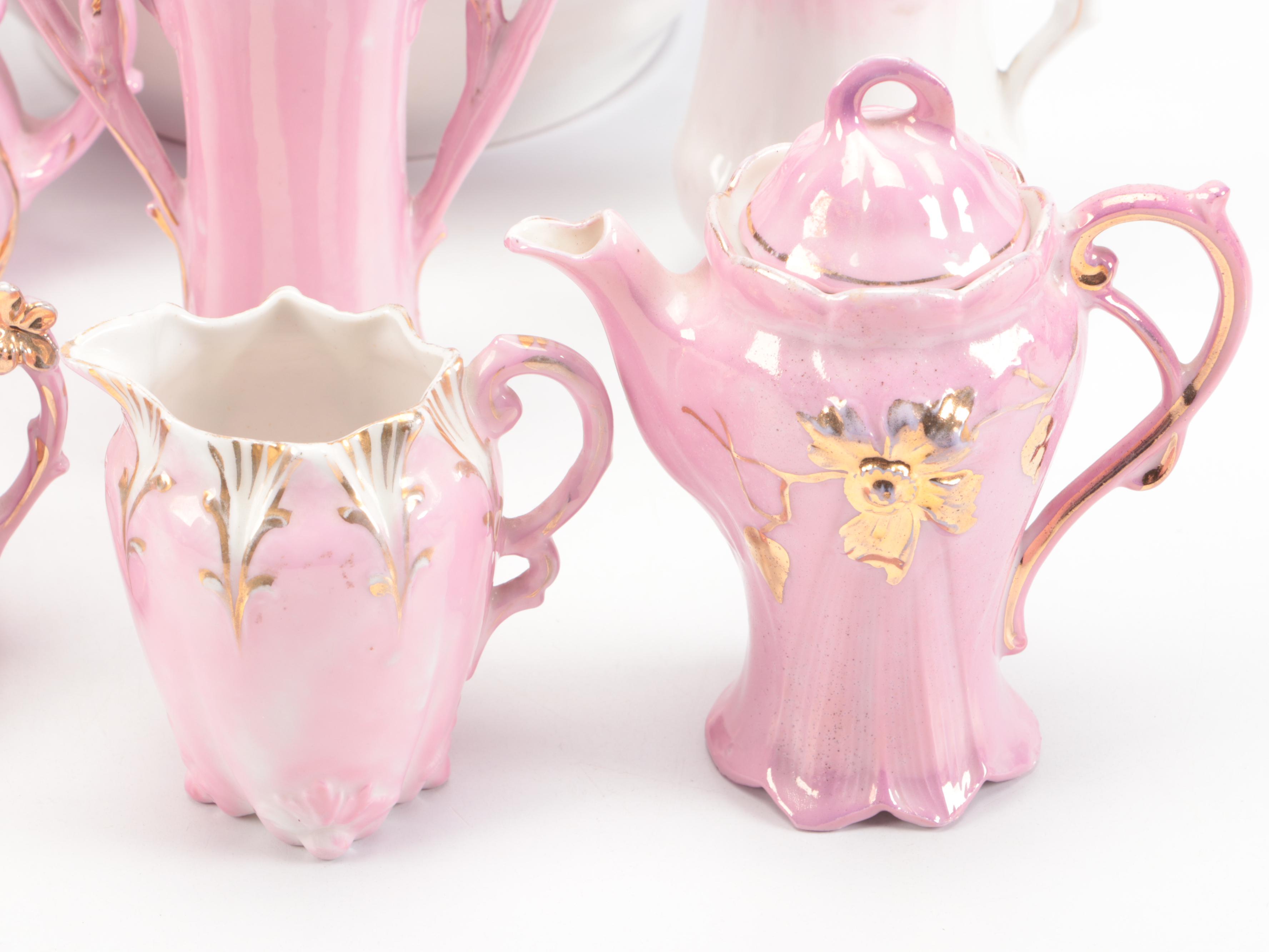 Victorian Pink Luster and Gilt Accented Tea Set with Other Table Accessories