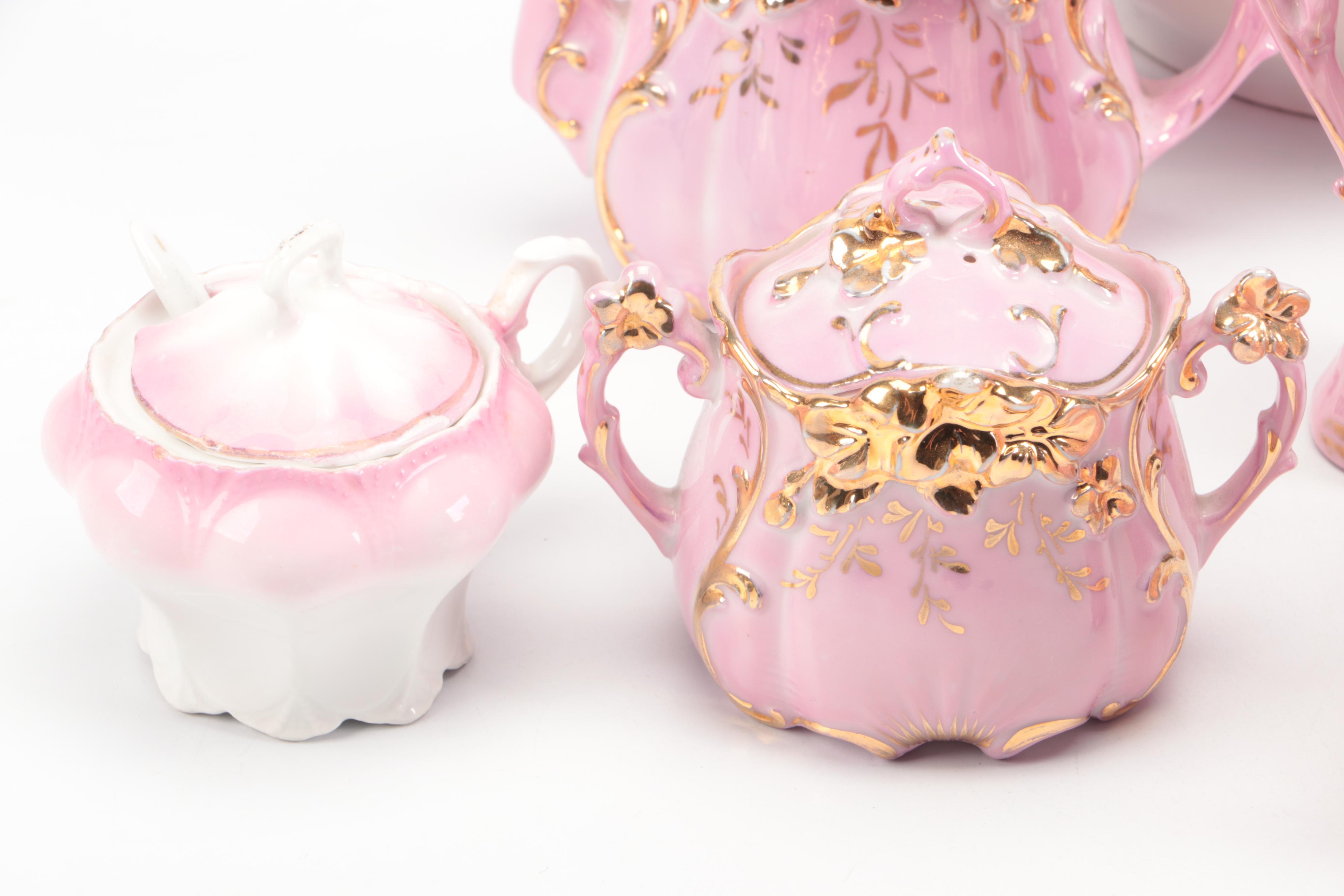 Victorian Pink Luster and Gilt Accented Tea Set with Other Table Accessories