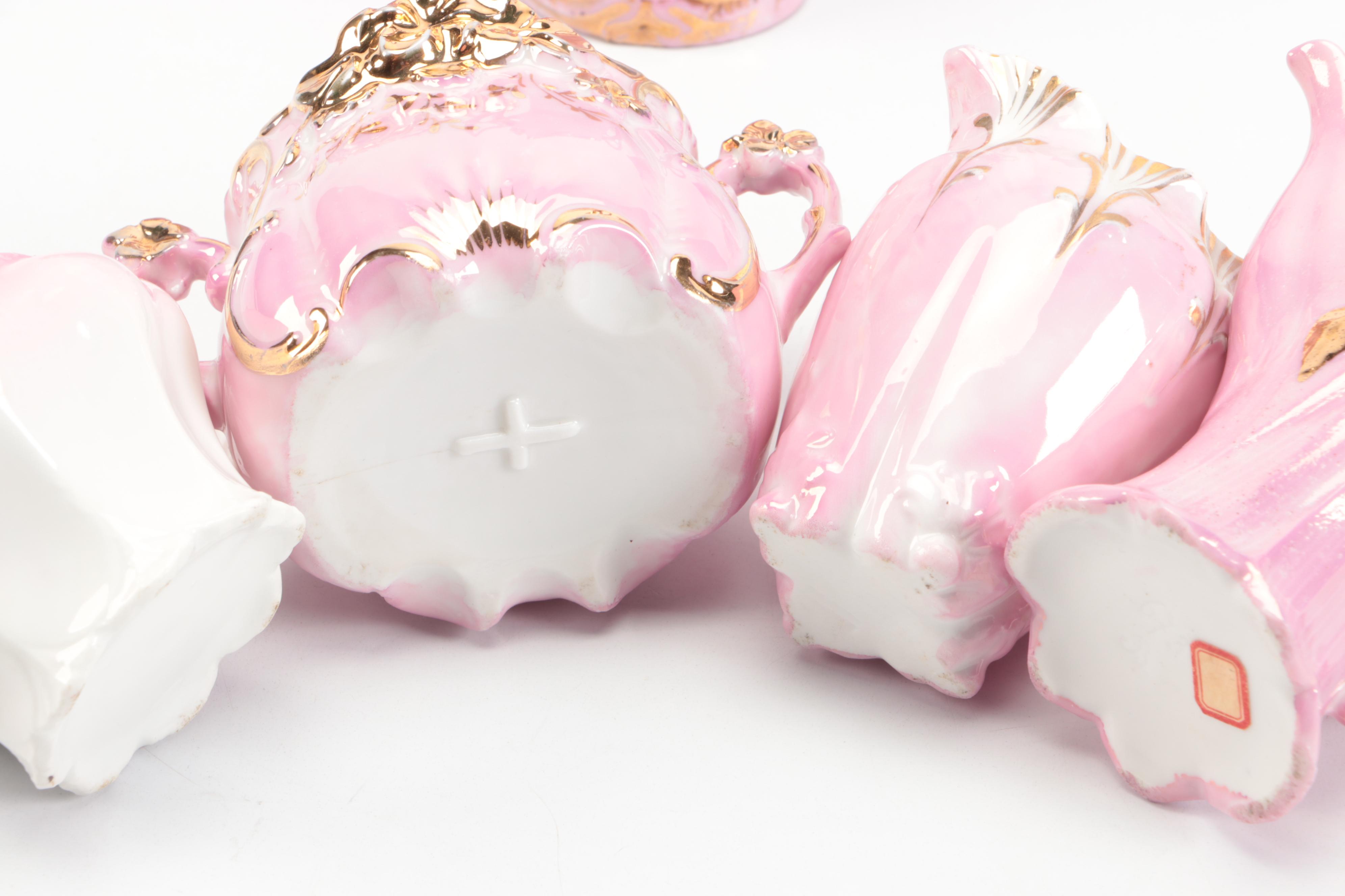 Victorian Pink Luster and Gilt Accented Tea Set with Other Table Accessories