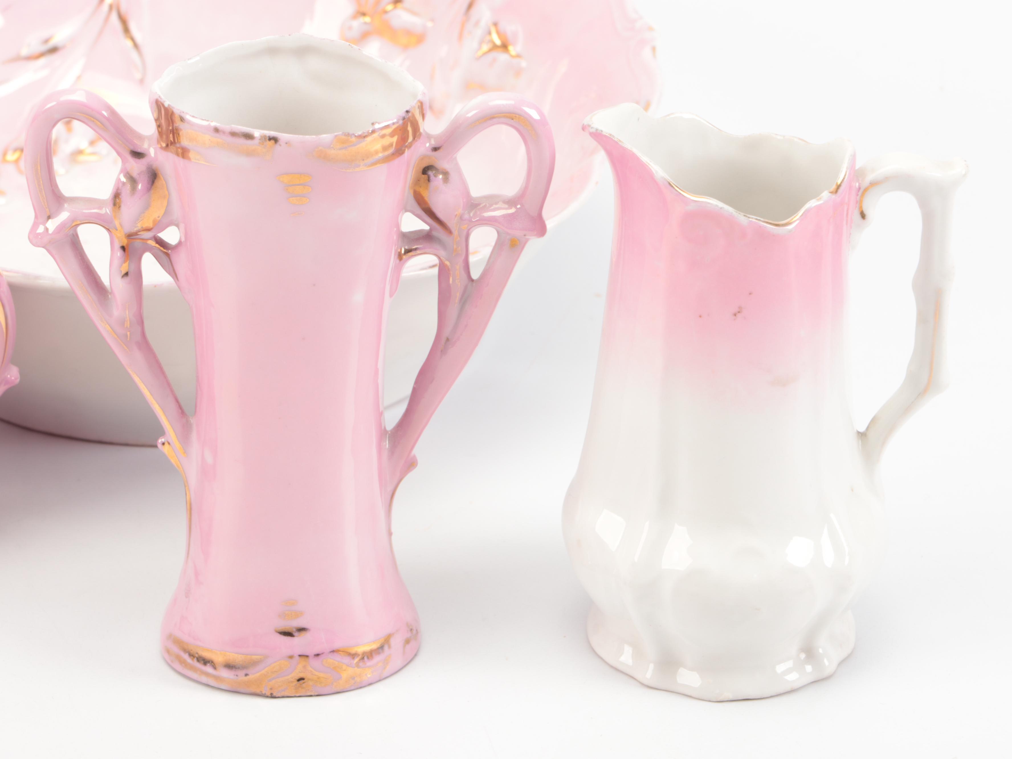 Victorian Pink Luster and Gilt Accented Tea Set with Other Table Accessories