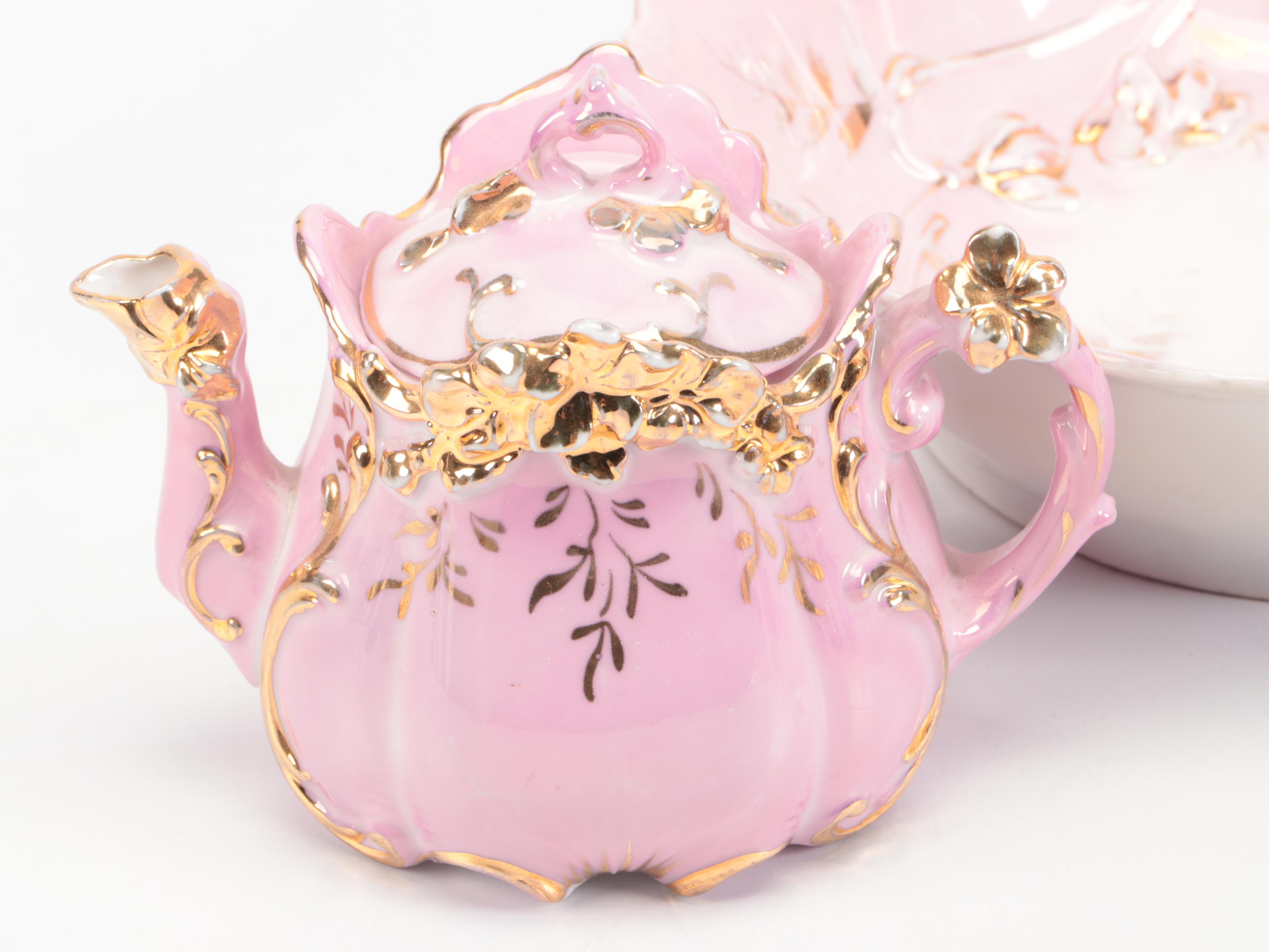Victorian Pink Luster and Gilt Accented Tea Set with Other Table Accessories