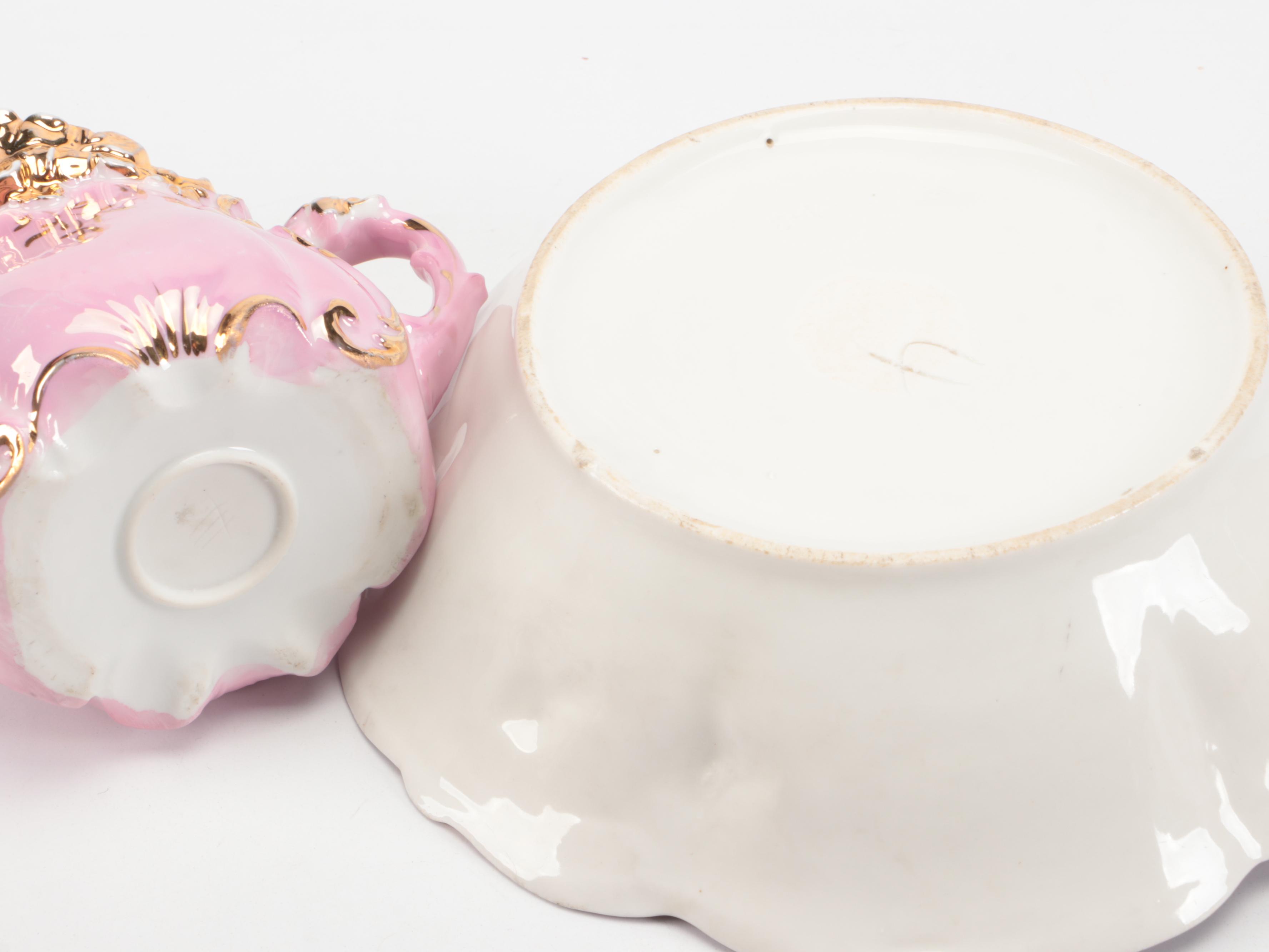 Victorian Pink Luster and Gilt Accented Tea Set with Other Table Accessories