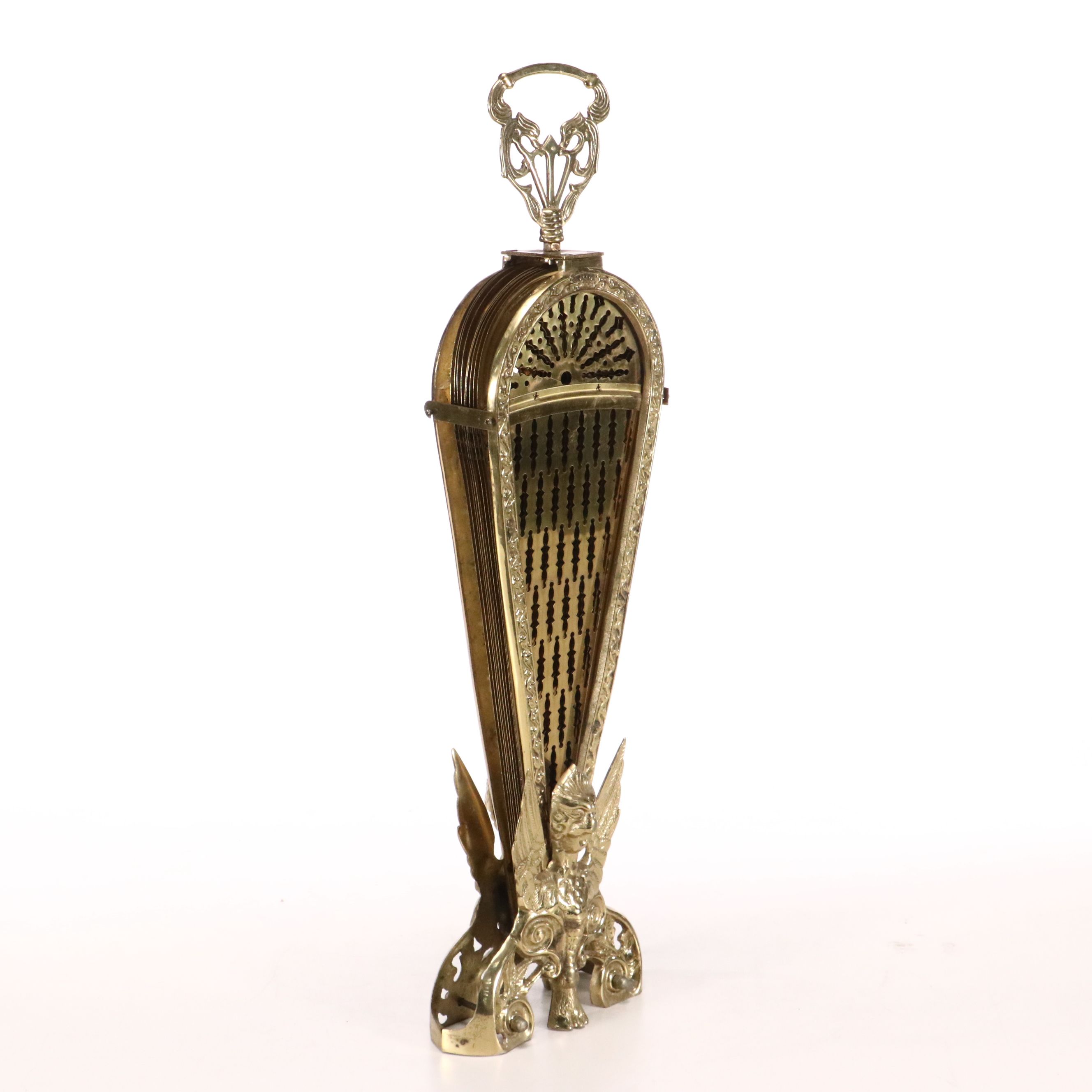 Victorian Style Cast Brass Peacock Fan Fireplace Screen with Gargoyle Base