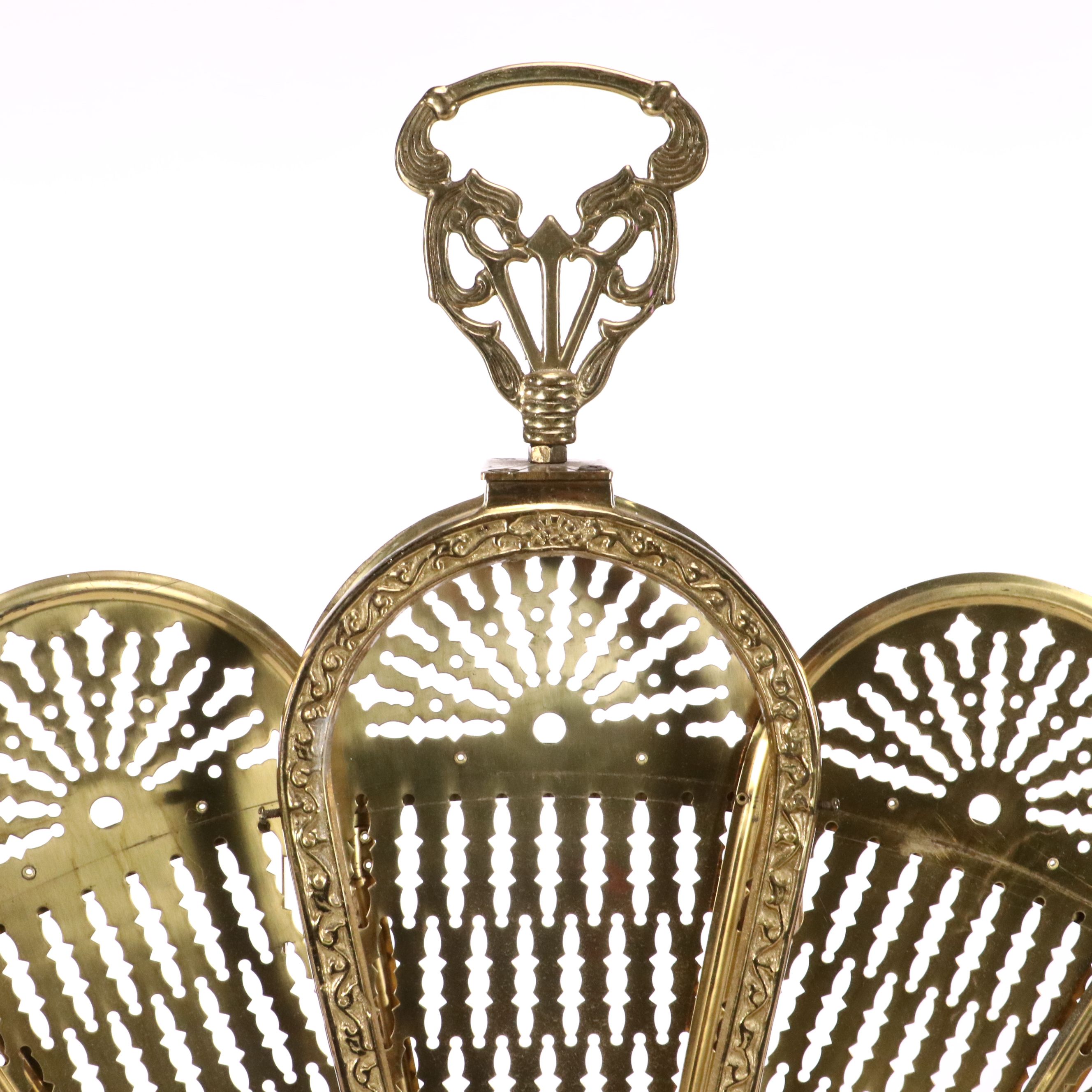 Victorian Style Cast Brass Peacock Fan Fireplace Screen with Gargoyle Base