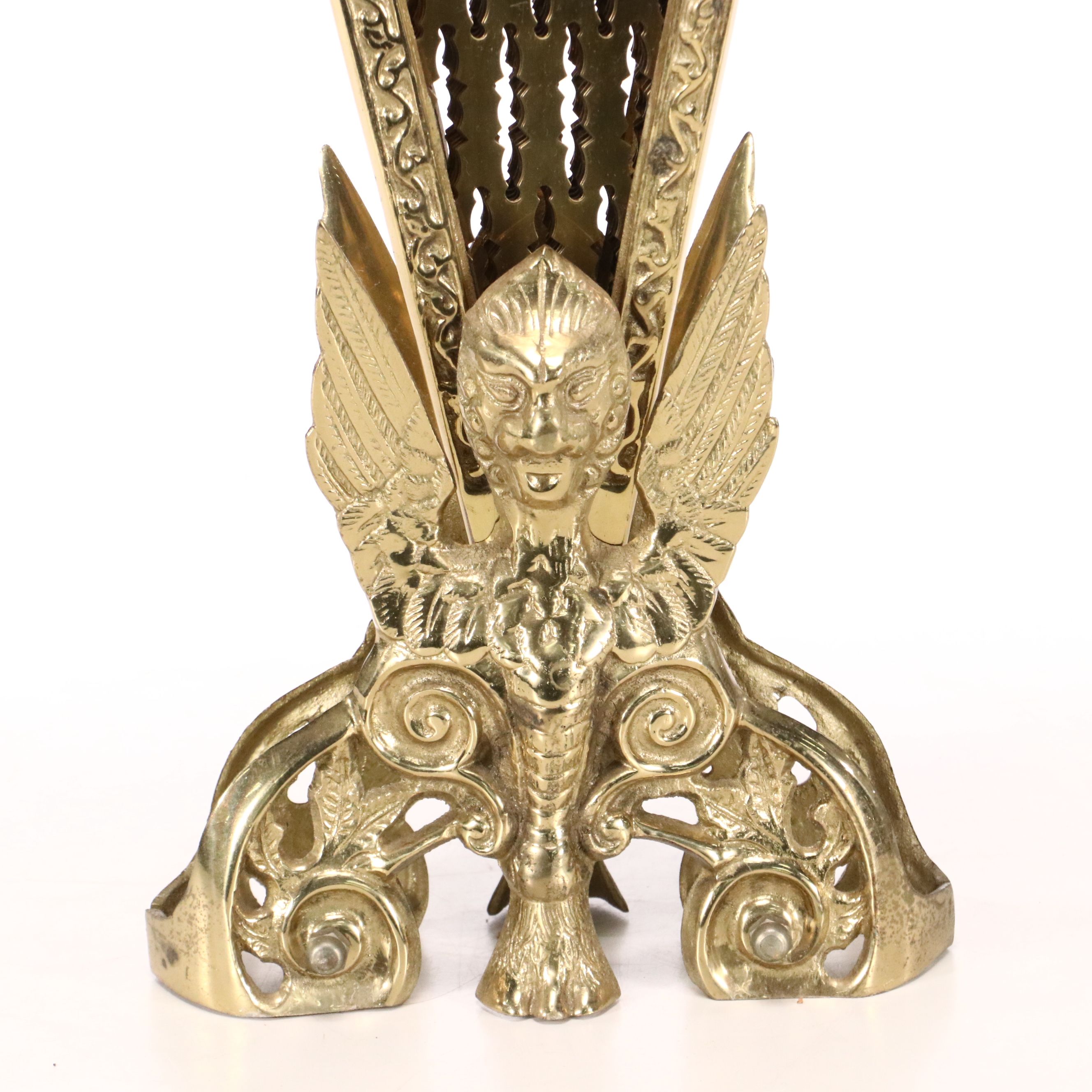 Victorian Style Cast Brass Peacock Fan Fireplace Screen with Gargoyle Base