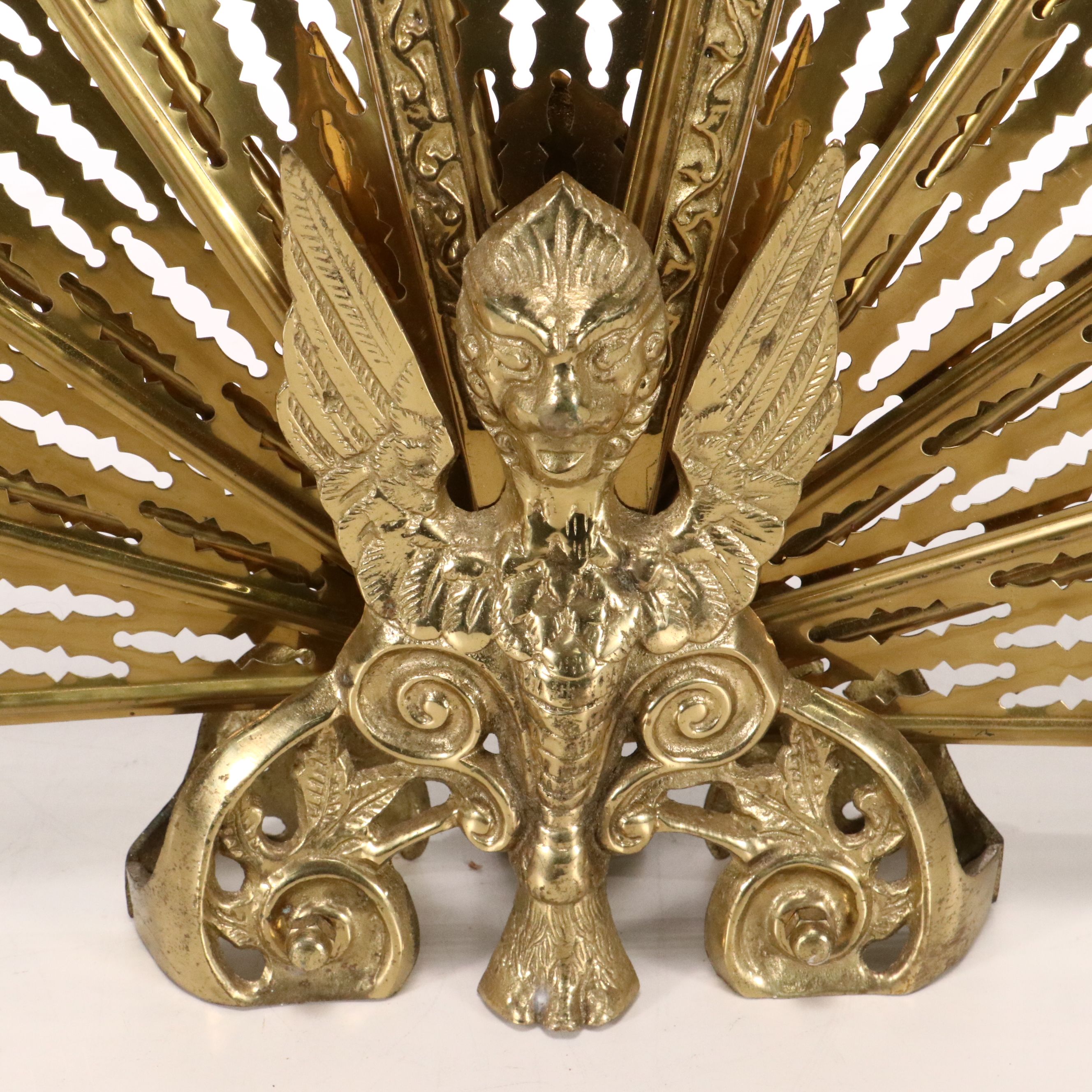 Victorian Style Cast Brass Peacock Fan Fireplace Screen with Gargoyle Base