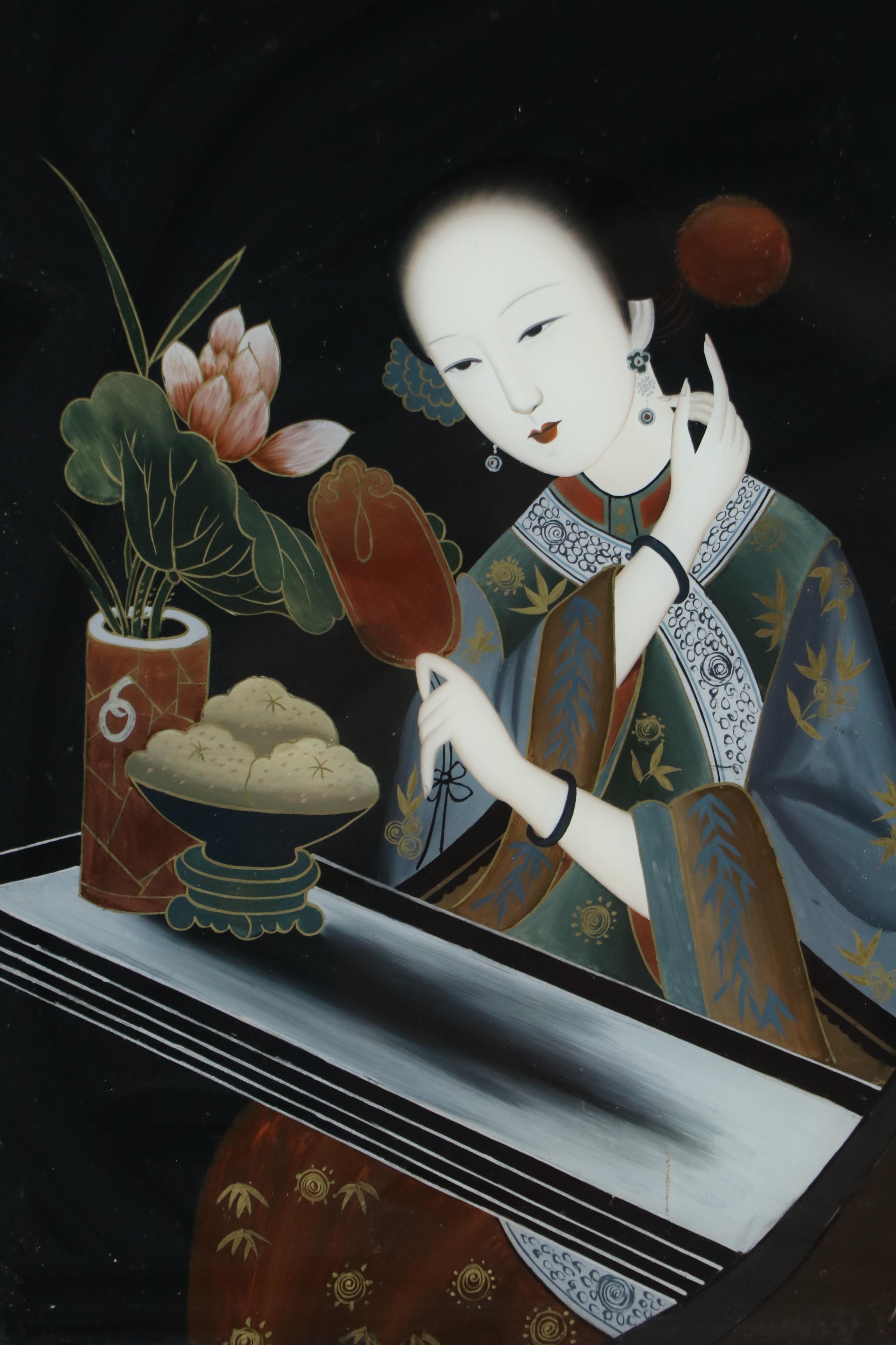 Chinese School Reverse Glass Painting of Seated Woman with Mirror and Peony