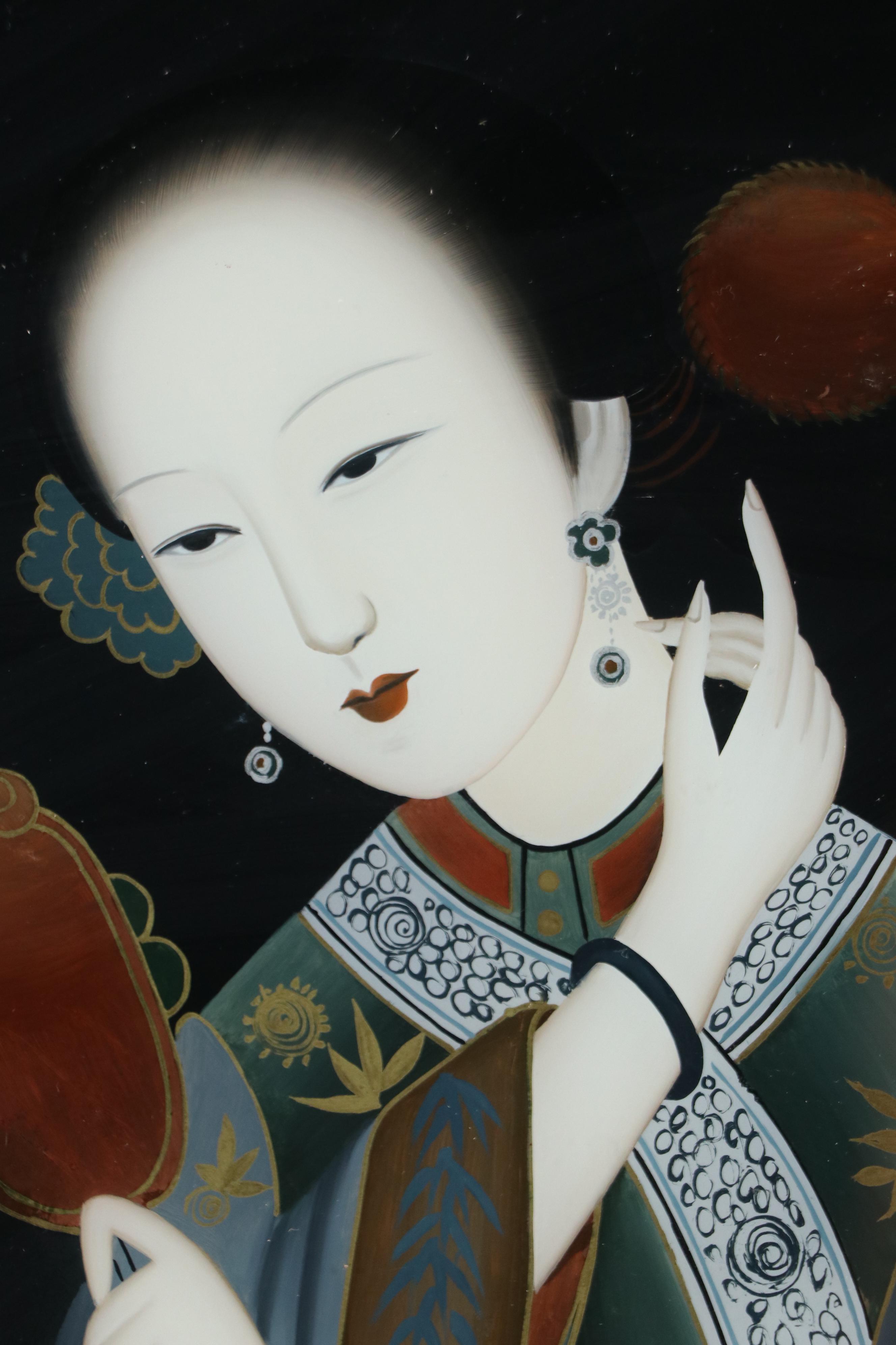 Chinese School Reverse Glass Painting of Seated Woman with Mirror and Peony