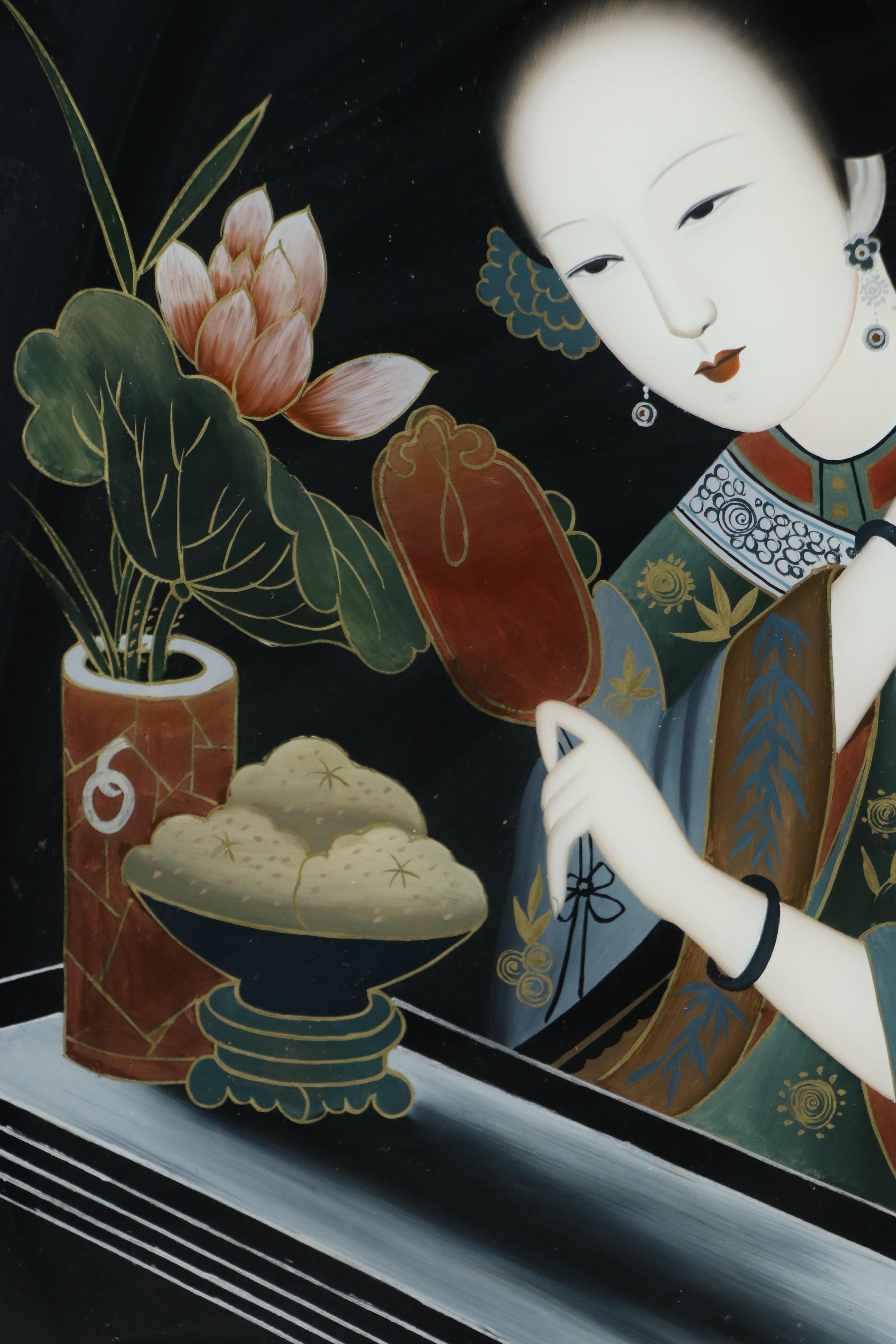 Chinese School Reverse Glass Painting of Seated Woman with Mirror and Peony