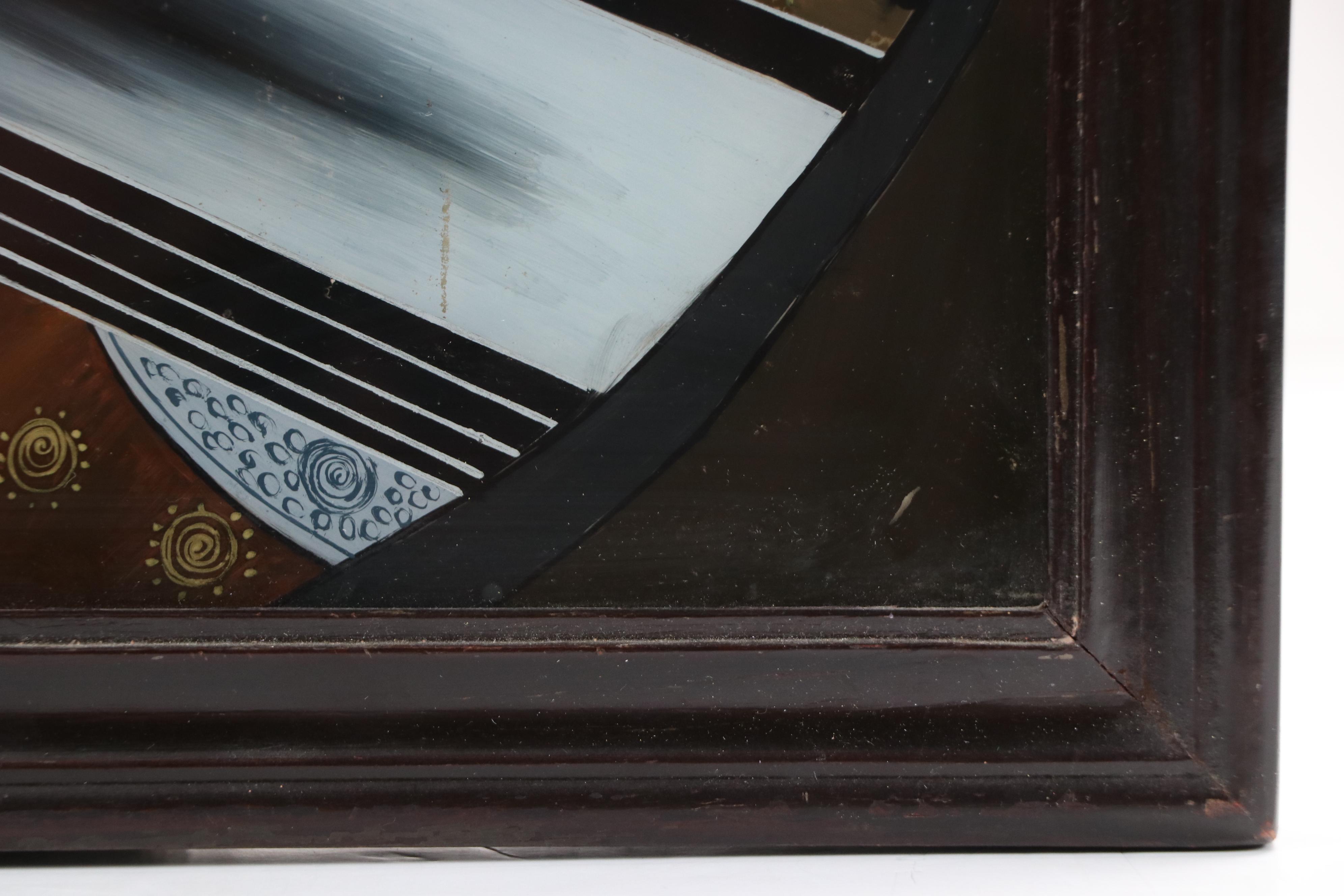 Chinese School Reverse Glass Painting of Seated Woman with Mirror and Peony