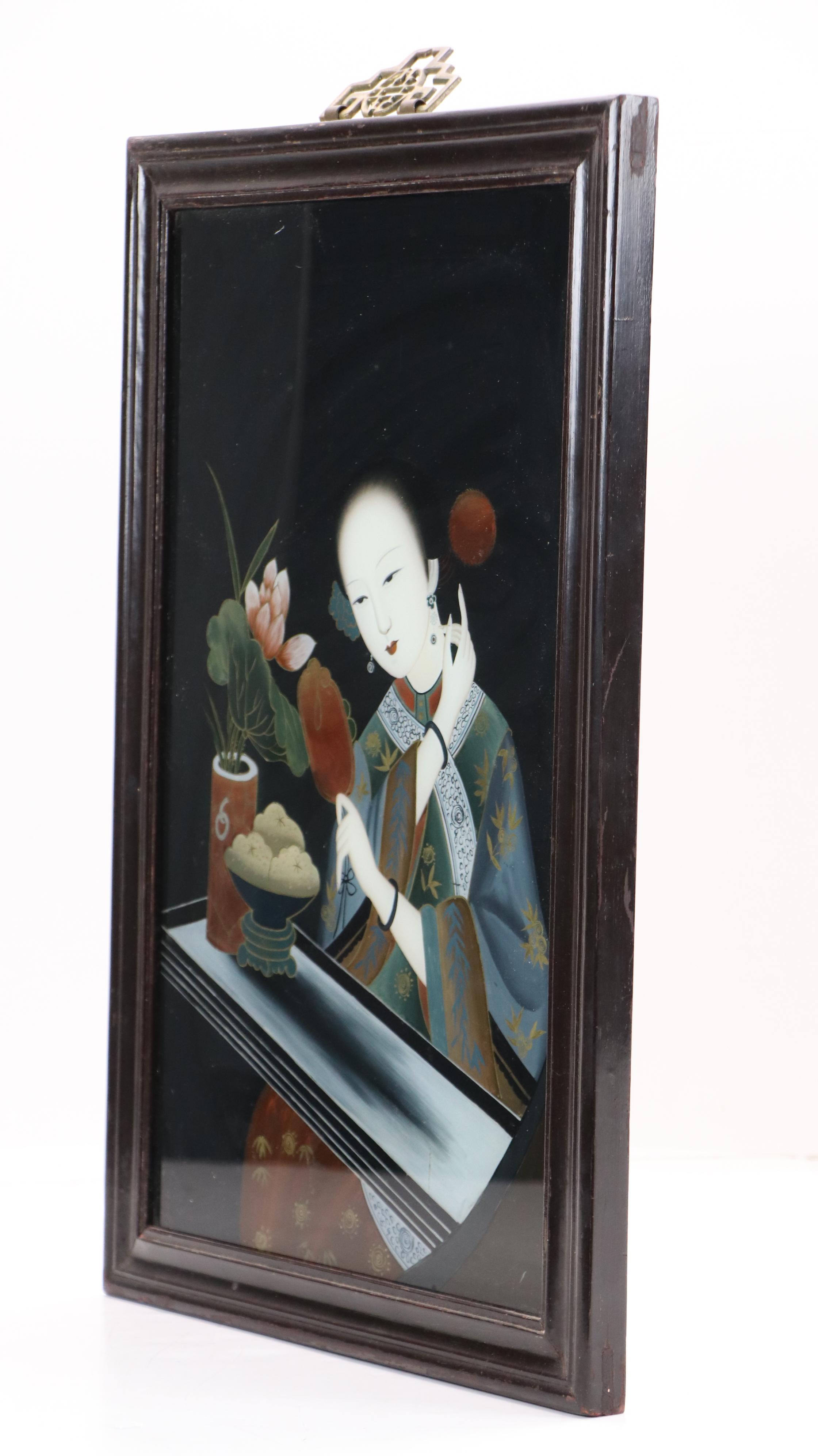 Chinese School Reverse Glass Painting of Seated Woman with Mirror and Peony