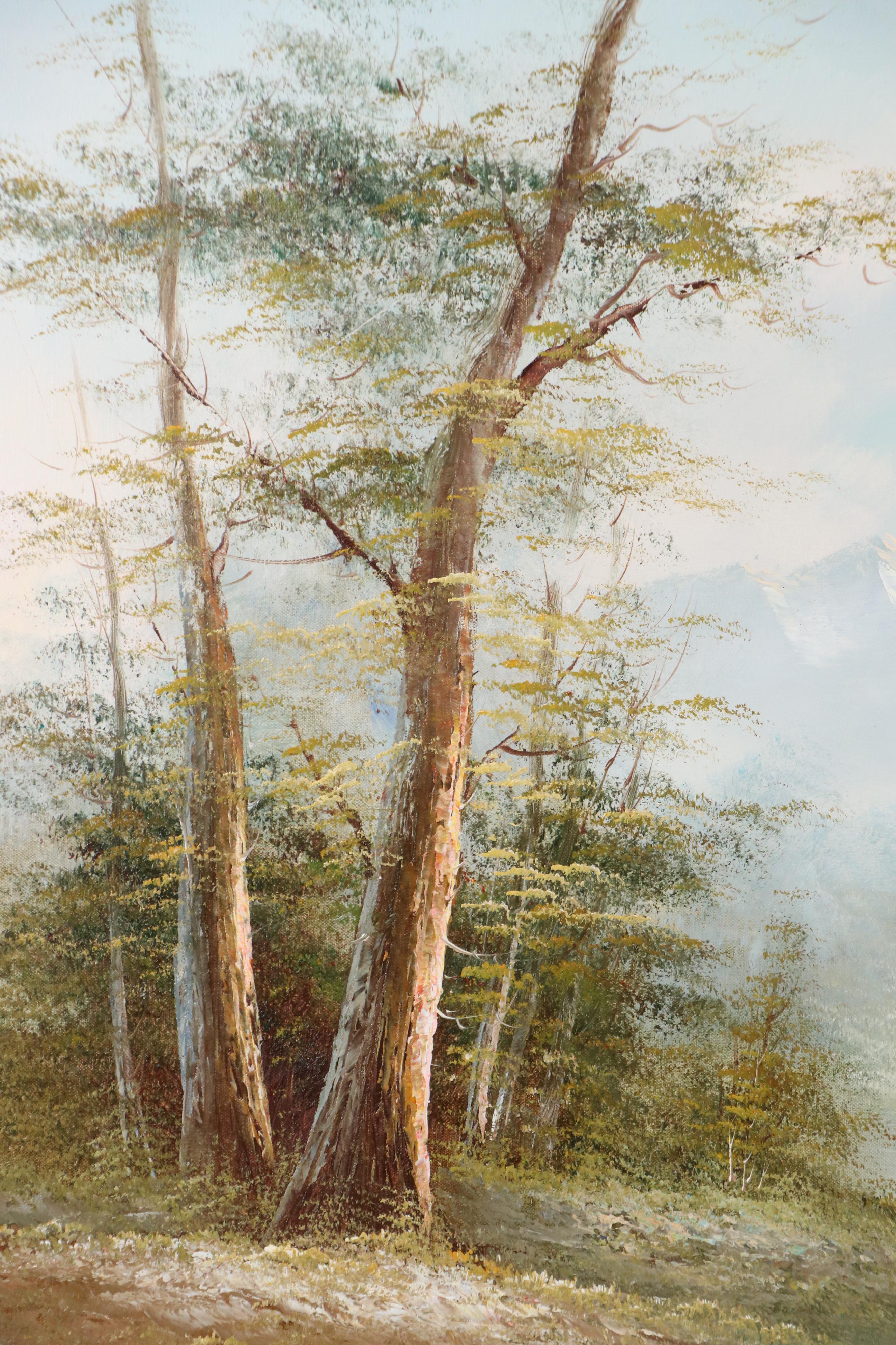 Rusima Landscape Oil Painting of Forest Stream with Distant Mountain