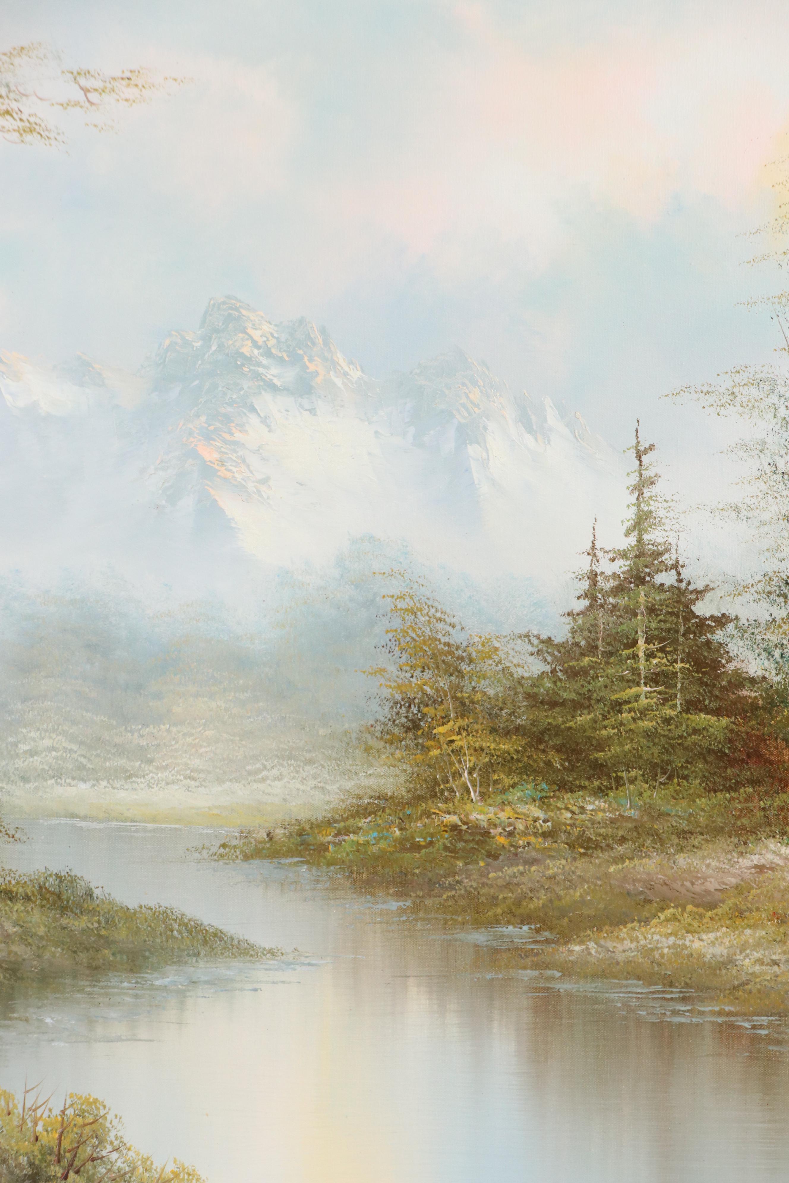 Rusima Landscape Oil Painting of Forest Stream with Distant Mountain