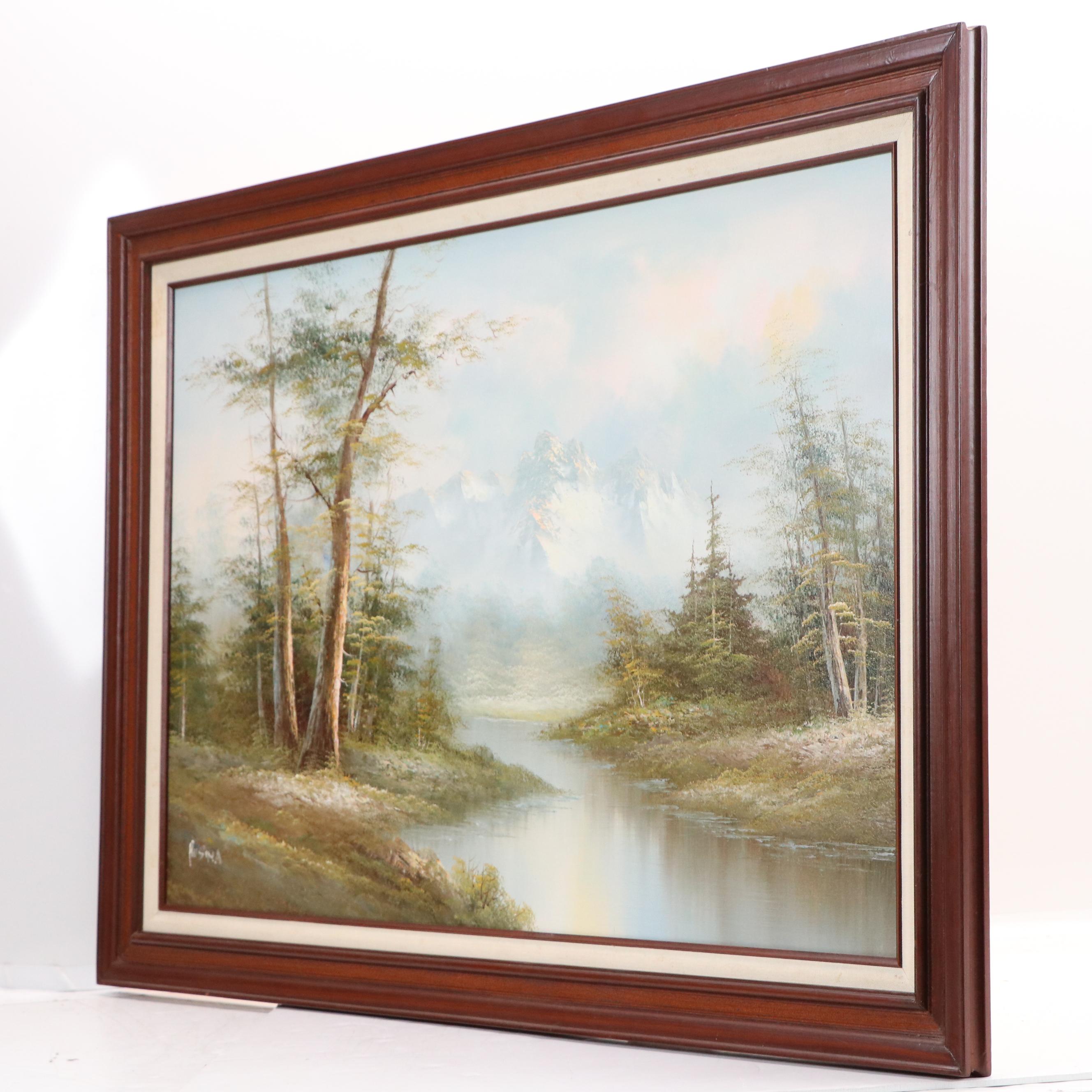 Rusima Landscape Oil Painting of Forest Stream with Distant Mountain