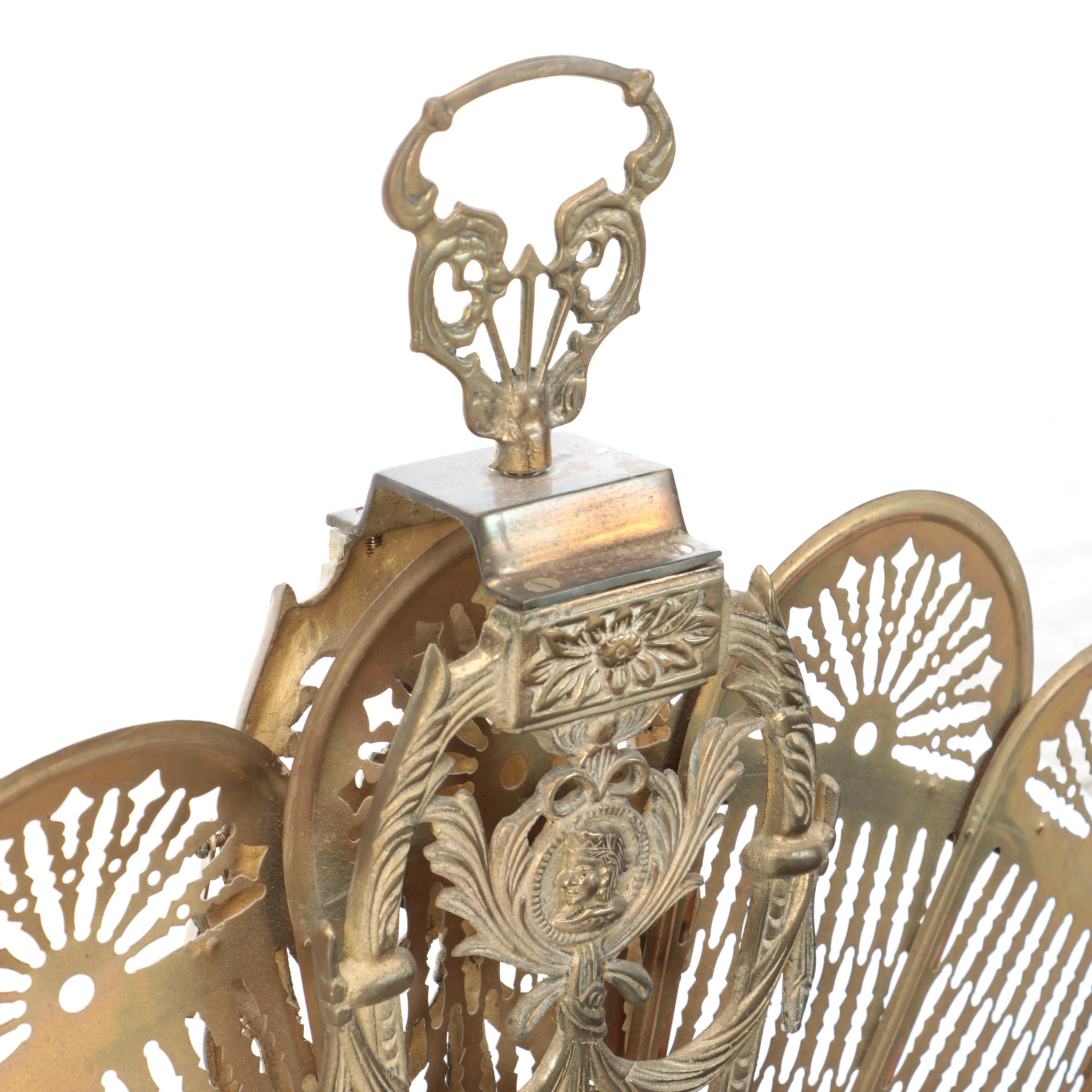 Egyptian Revival Cast Brass Fan Fireplace Screen with Brass Bucket and Pinecones