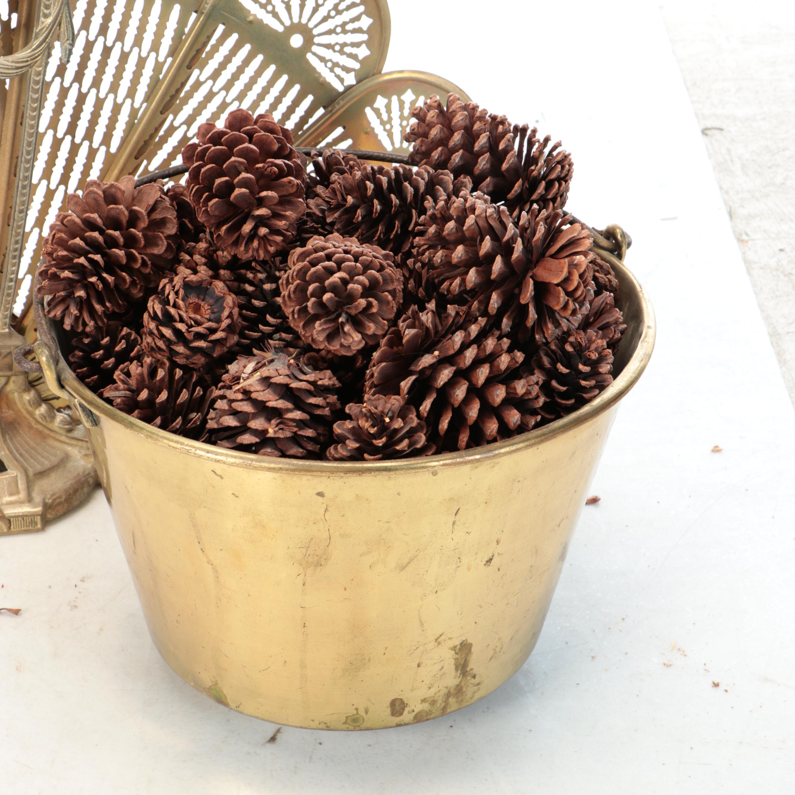 Egyptian Revival Cast Brass Fan Fireplace Screen with Brass Bucket and Pinecones