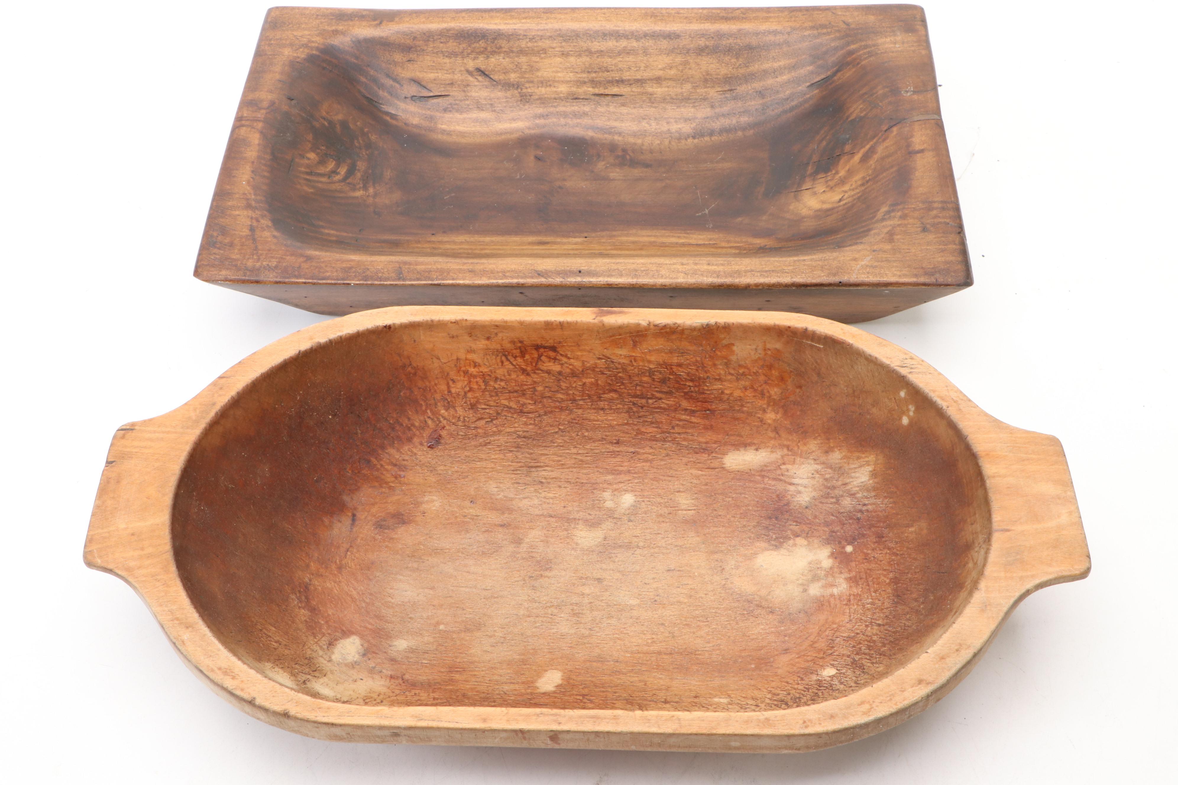 Carved Wooden Dough Bowl and Trencher with Table Basket