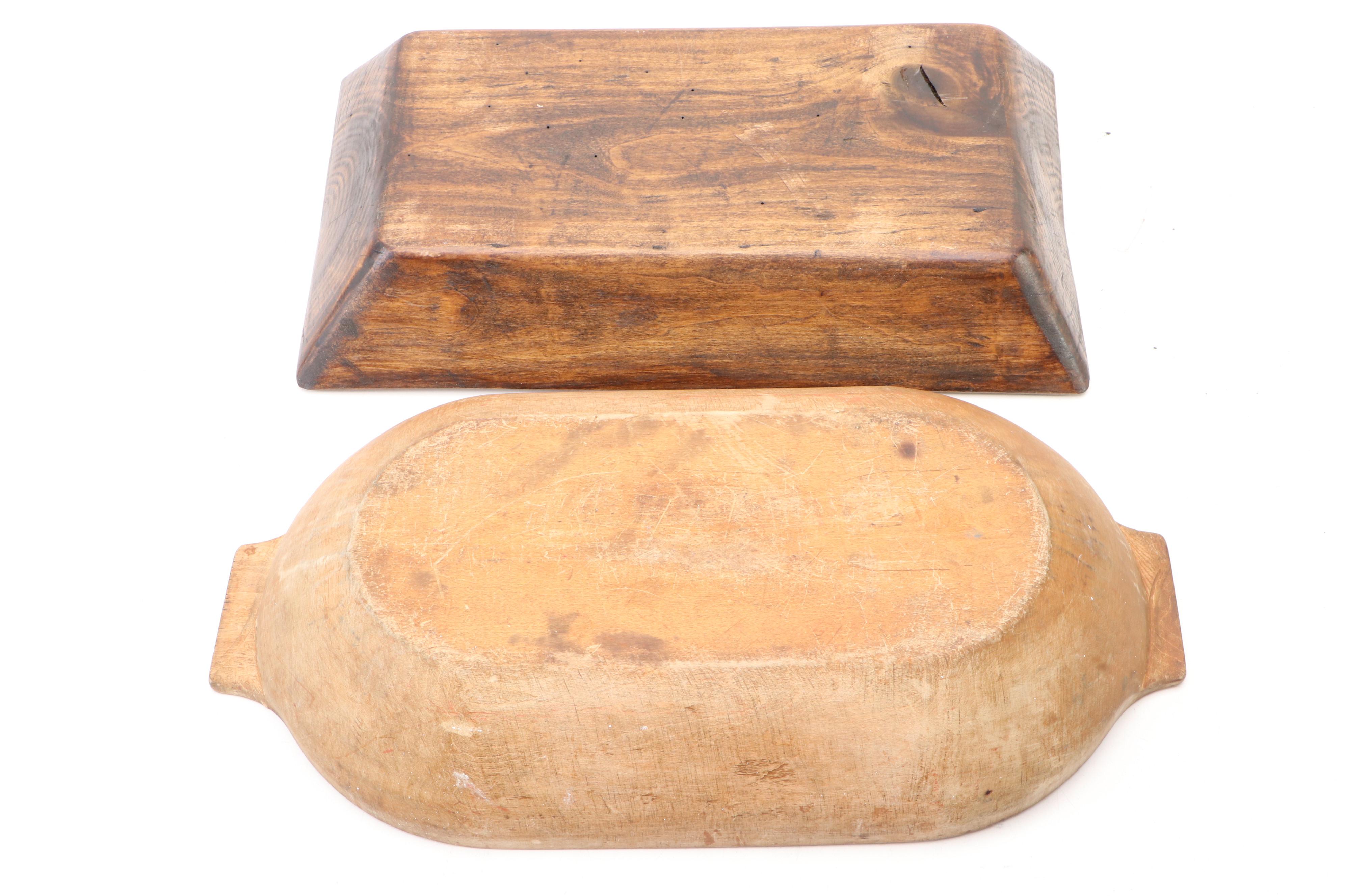 Carved Wooden Dough Bowl and Trencher with Table Basket